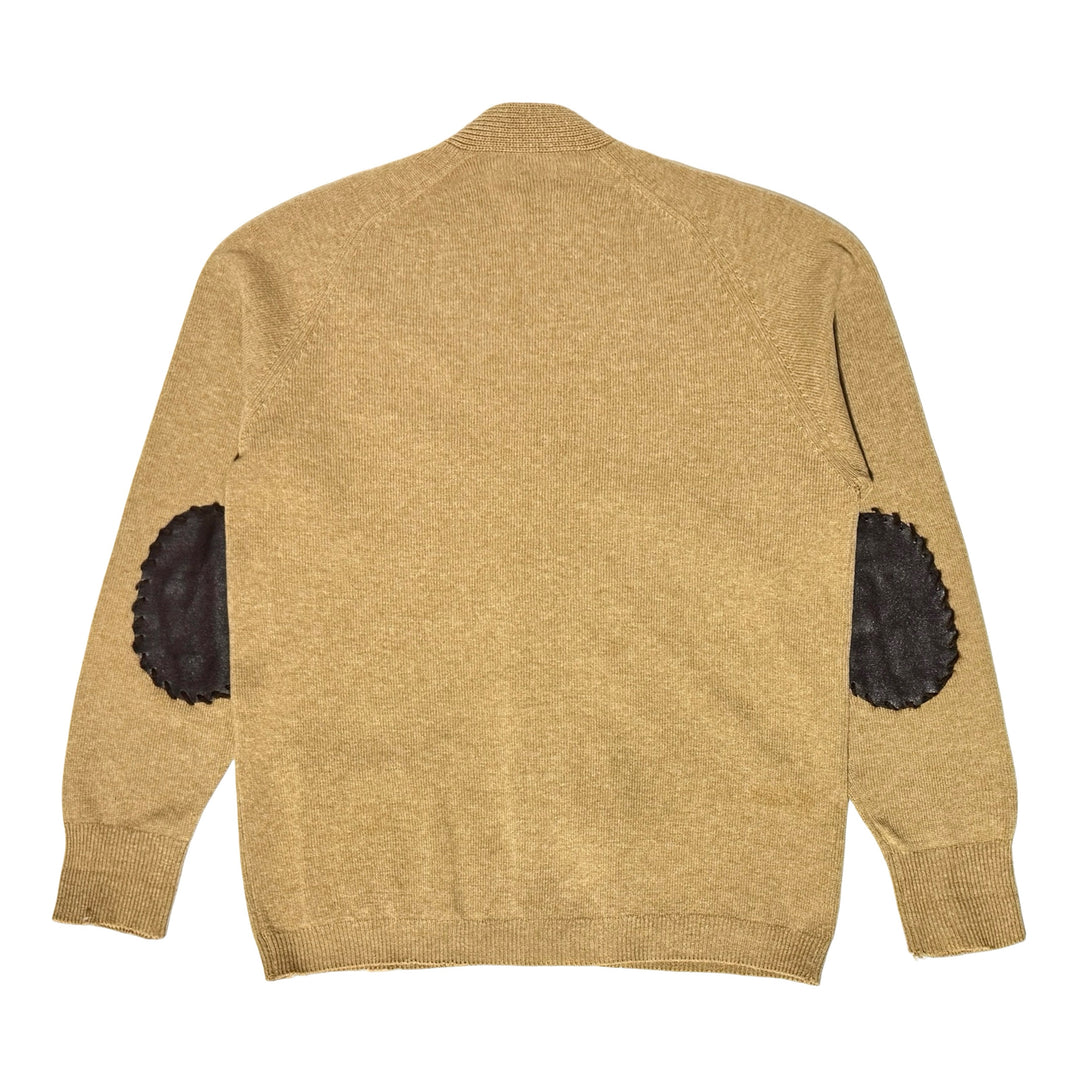 1960’S BROOKS BROTHERS MADE IN ENGLAND 100% LAMBSWOOL LEATHER ELBOW PATCHED CROPPED CARDIGAN KNIT SWEATER MEDIUM