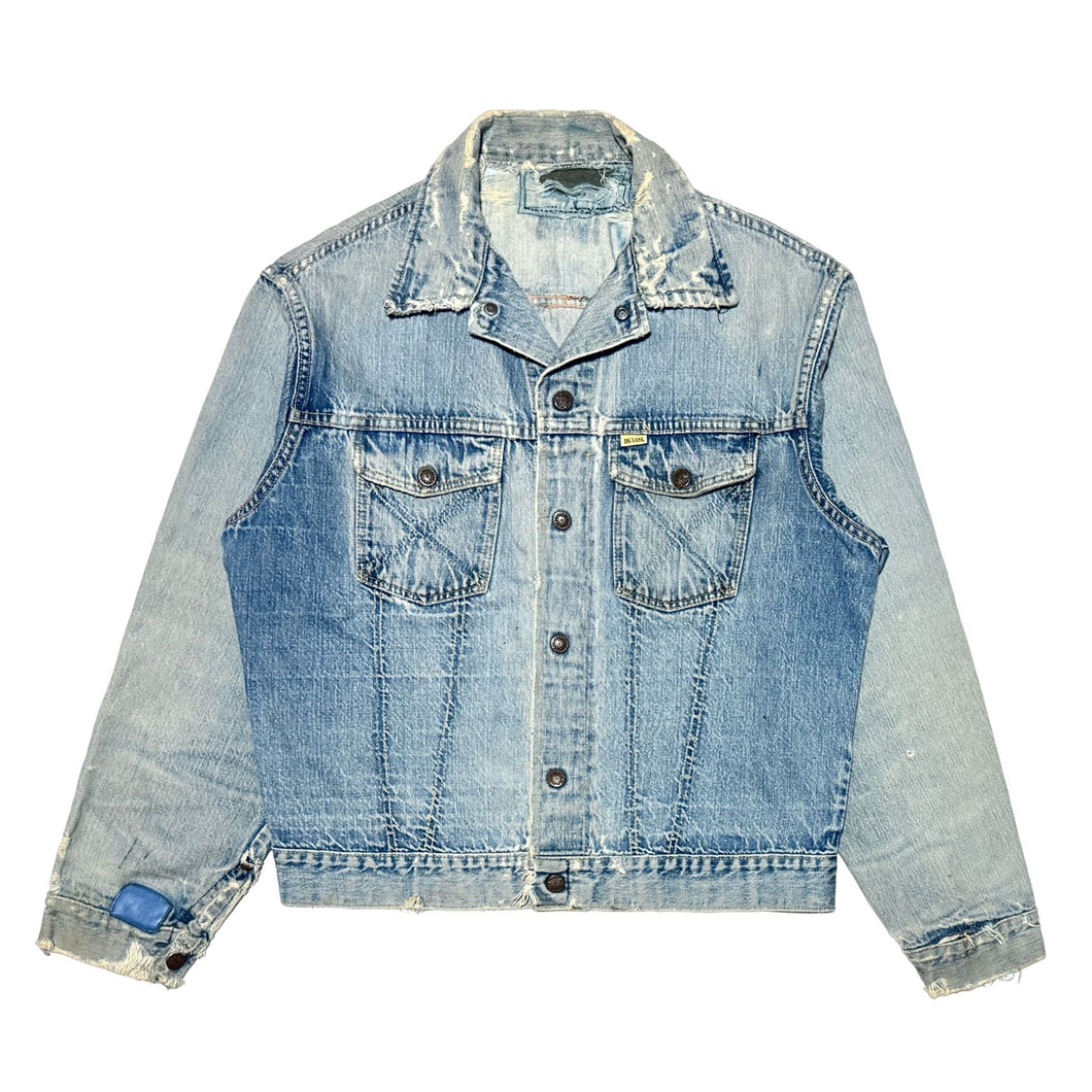 1950’S BIG YANK MADE IN USA CROPPED SELVEDGE THRASHED & REPAIRED FADED DENIM TRUCKER JACKET LARGE