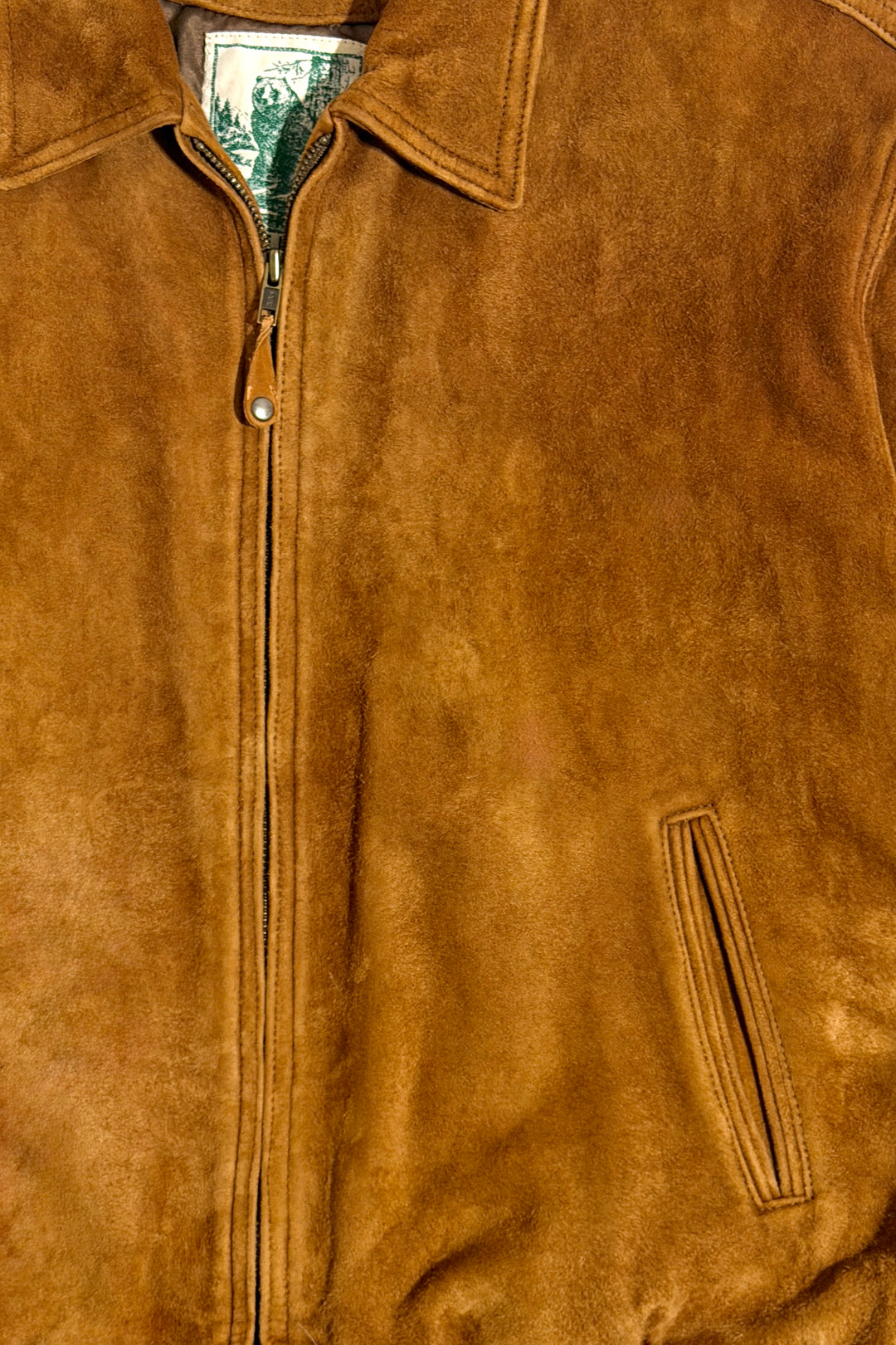 1980’S GOLDEN BEAR SF MADE IN USA CROPPED HONEY BROWN SUEDE BOMBER JACKET X-LARGE