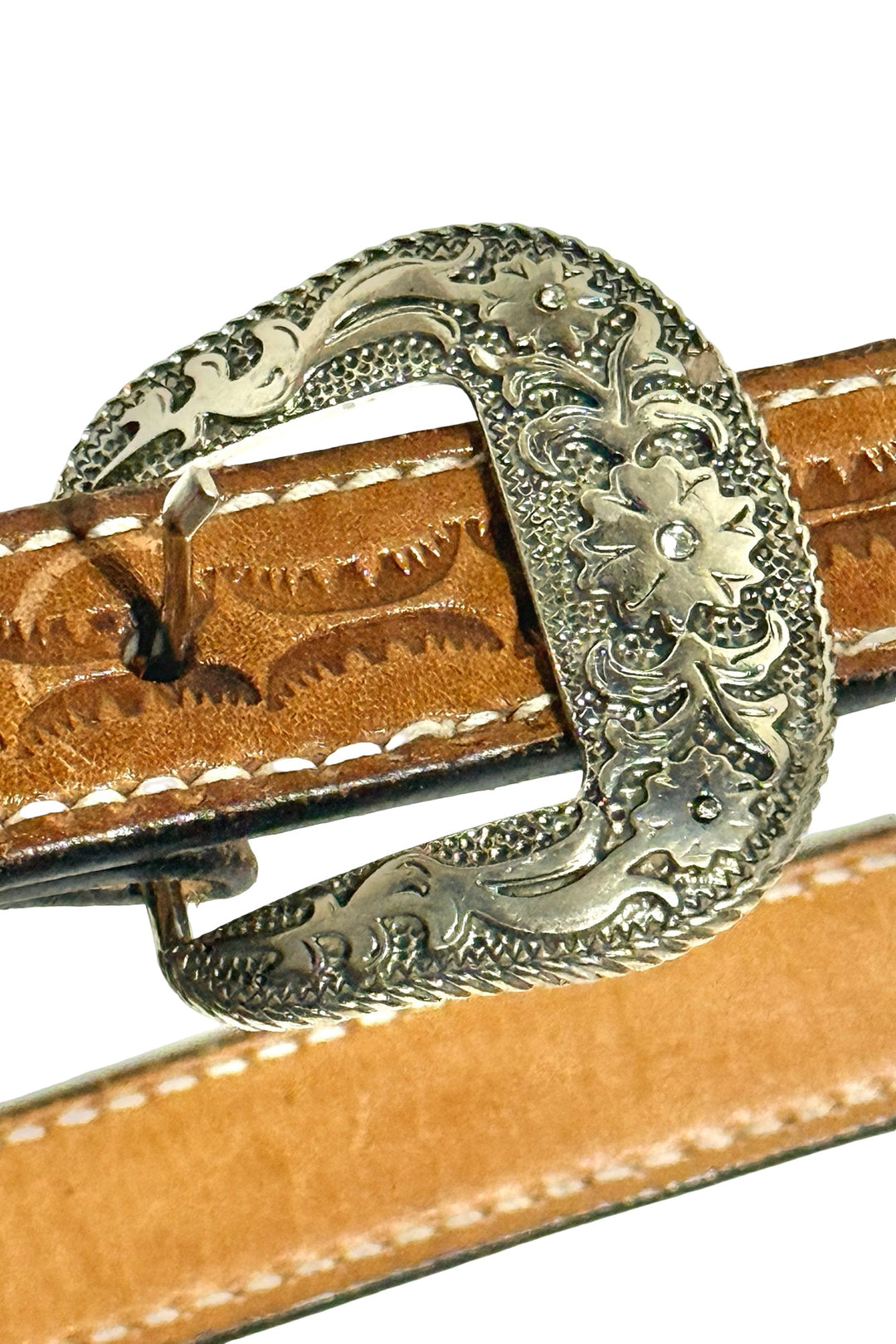 1980’S FREDDIE’S LEATHERCRAFT MADE IN USA WESTERN RHINESTONE SILVERTONE HAND STAMPED LEATHER BELT 36