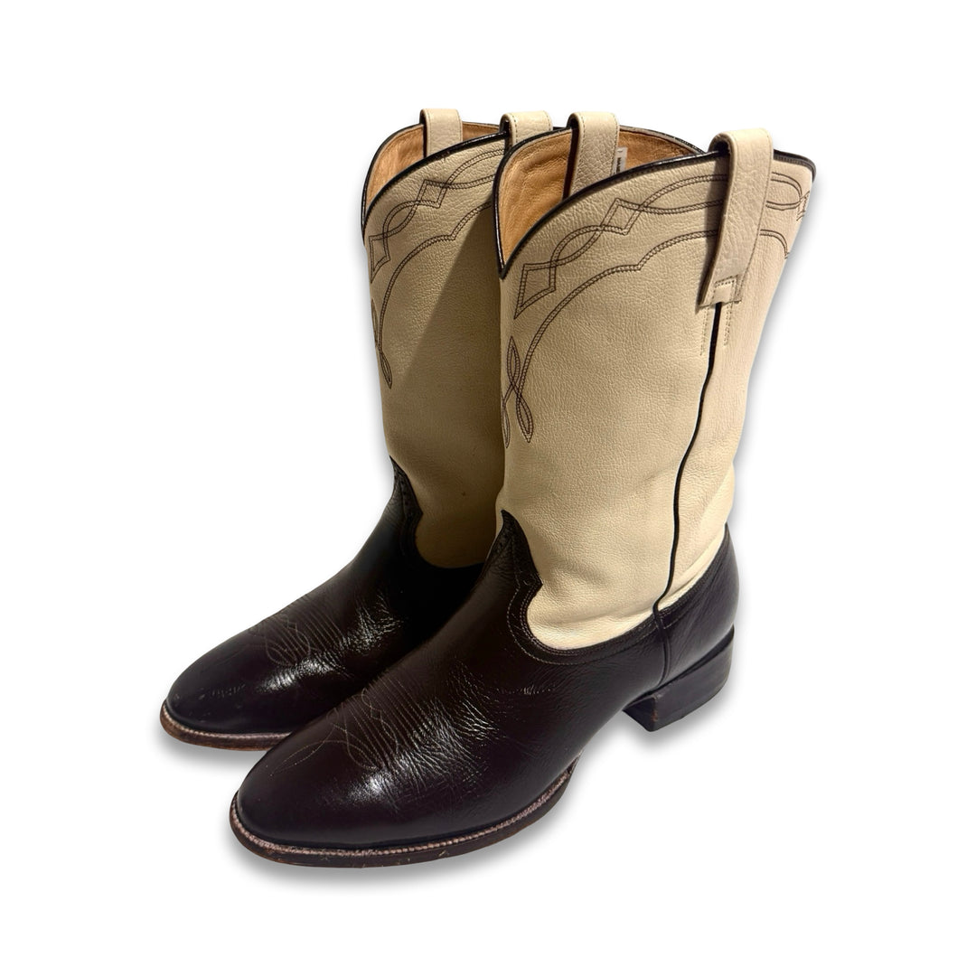 2000’S CHRIS ROMERO HANDCRAFTED DUAL TONE DARK BROWN / OFF WHITE EMBROIDERED COWBOY BOOTS 10.5