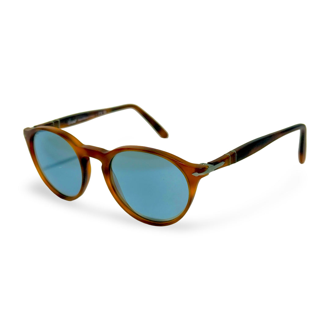 2000’S PERSOL HANDMADE IN ITALY HAVANA / BLUE CRYSTAL POLARIZED TORTIOISE SHELL MATTE ACETATE SUNGLASSES