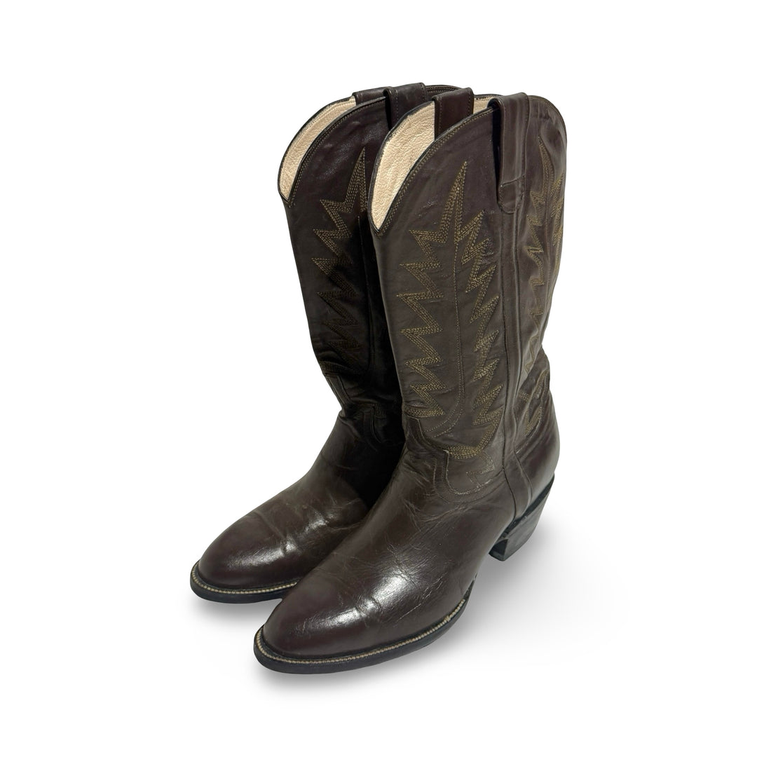 1970’S DEADSTOCK CUSTOM MADE IN USA EMBROIDERED DARK BROWN COWBOY BOOTS 10