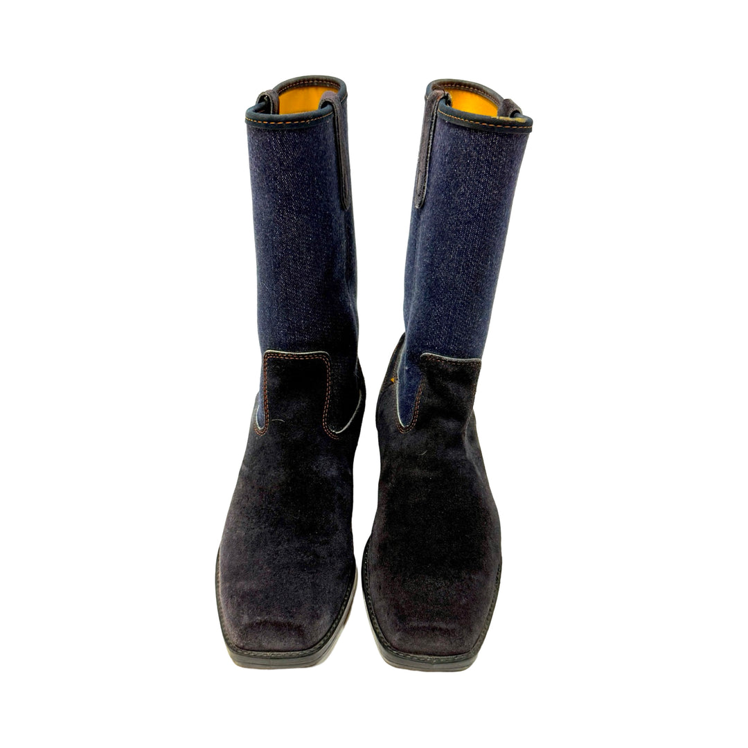 1970’S ACME MADE IN USA SUEDE AND DENIM JEANS SQUARE TOE COWBOY BOOT 10.5