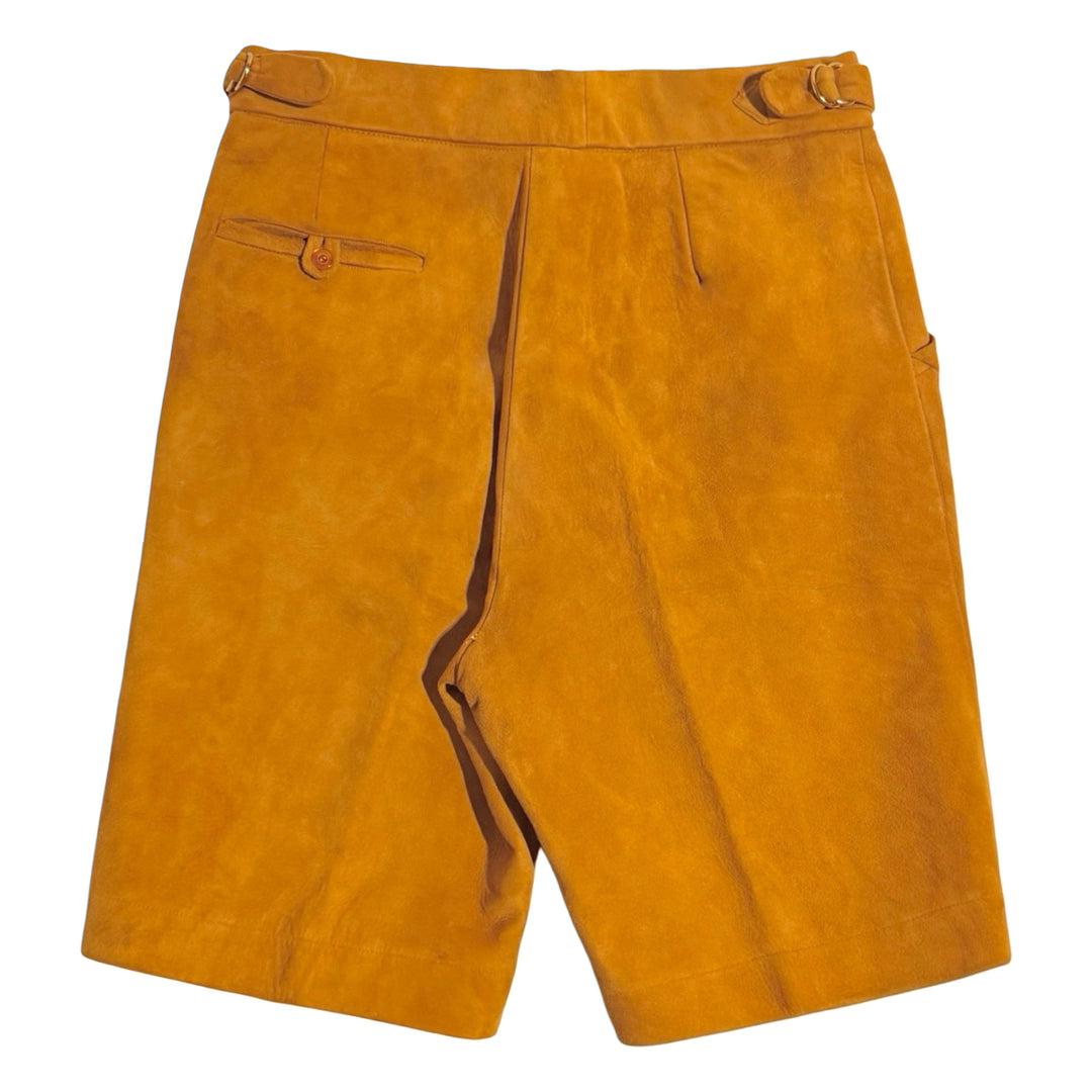 1960’S DEERSKIN SUEDE LEATHER MADE IN USA HIGH WAISTED SIDE CINCH FLORAL LINED 12” BERMUDA SHORTS 34