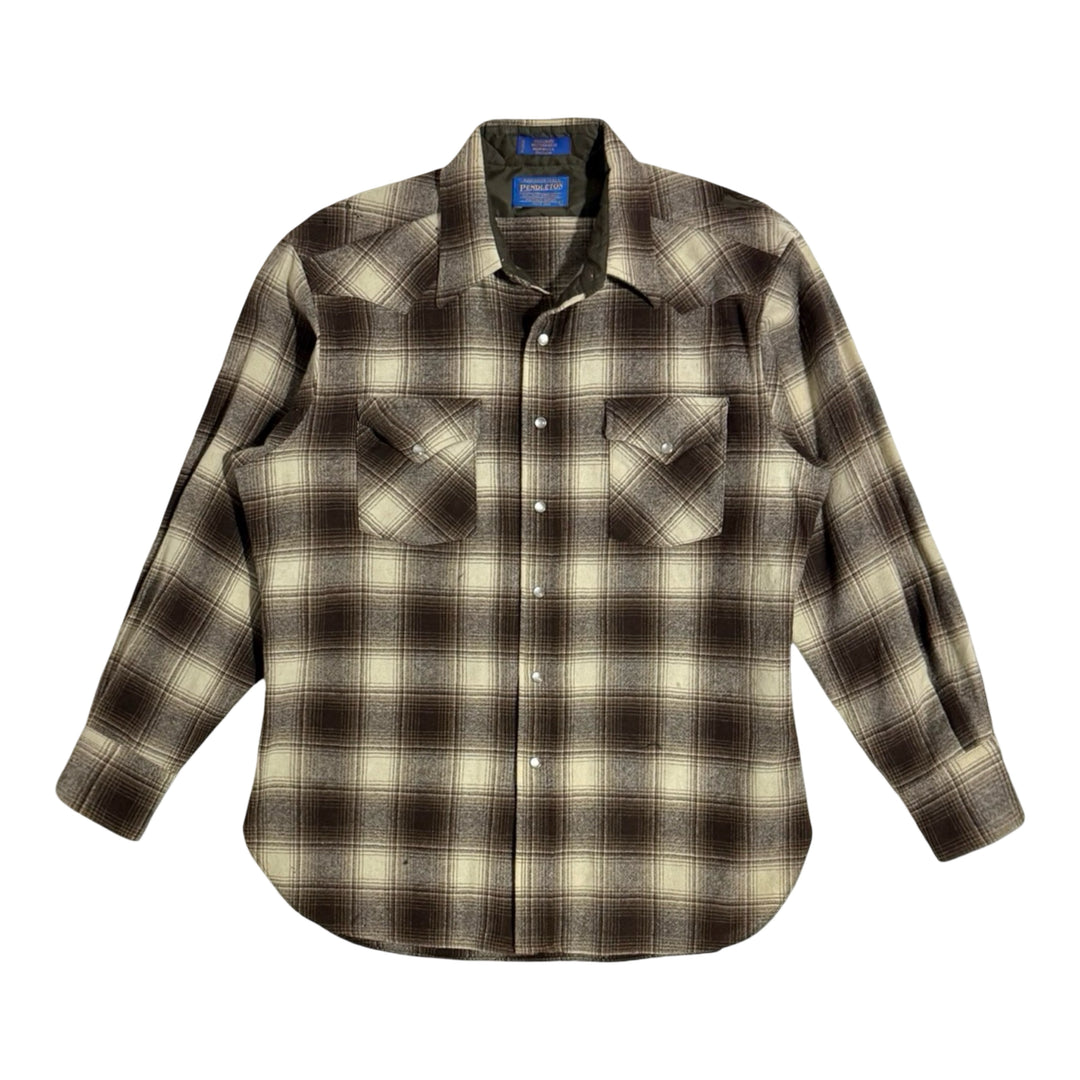 1990’S PENDLETON MADE IN USA WOOL GHOST PLAID THRASHED & REPAIRED WESTERN PEARL SNAP L/S B.S. SHIRT LARGE