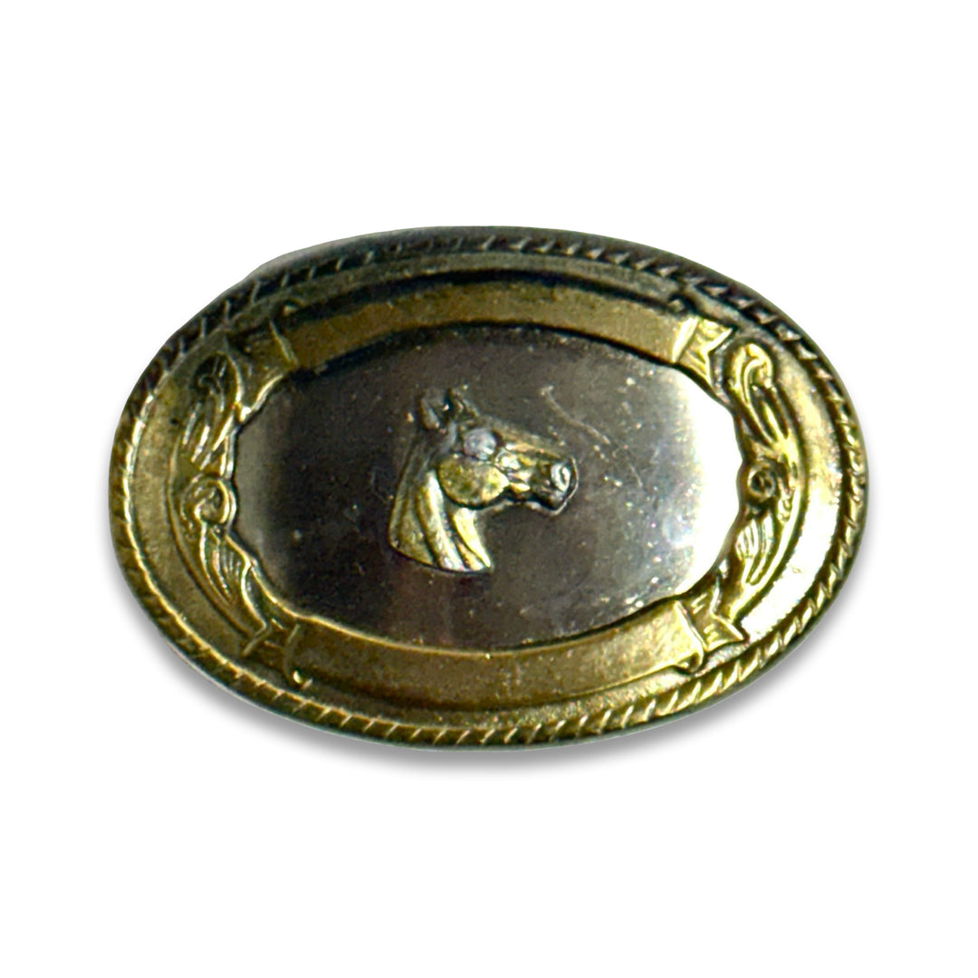 1970’S FRAMED HORSE EMBLEM MADE IN USA GOLDTONE FRAMED NICKEL BELT BUCKLE