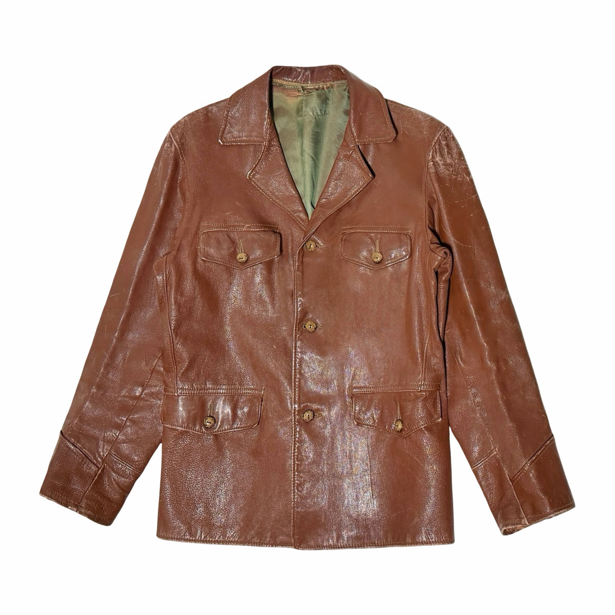 1940's cognac leather four flap pocket sport jacket front