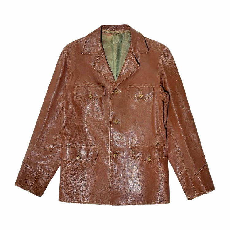 1940's cognac leather four flap pocket sport jacket front