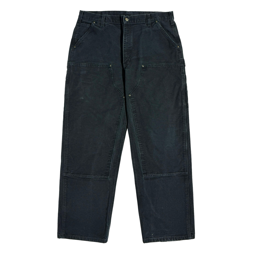 1990’S CARHARTT FADED BLACK DOUBLE KNEE DUCK CANVAS WORKWEAR PANTS 36 X 30