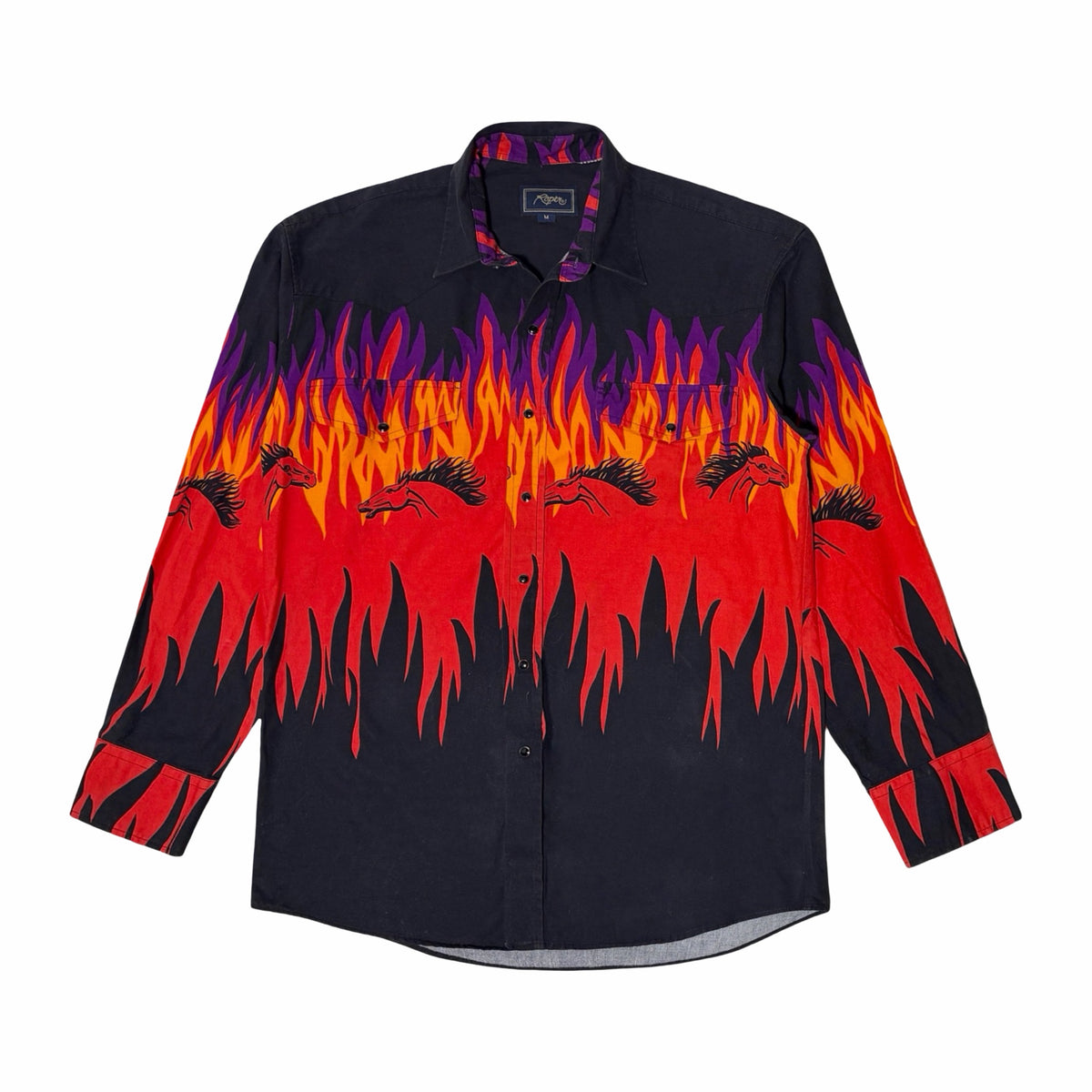 1990's Roper black flaming horses border print western snap shirt front