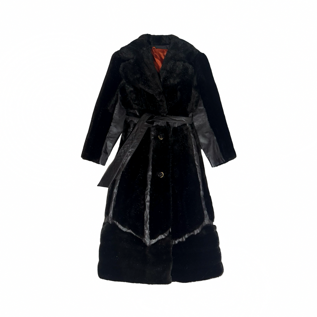 1970’S JET SET OF CALIFORNIA TISSAVEL BLACK FAUX FUR &amp; LEATHER BELTED COAT EXTRA SMALL/SMALL