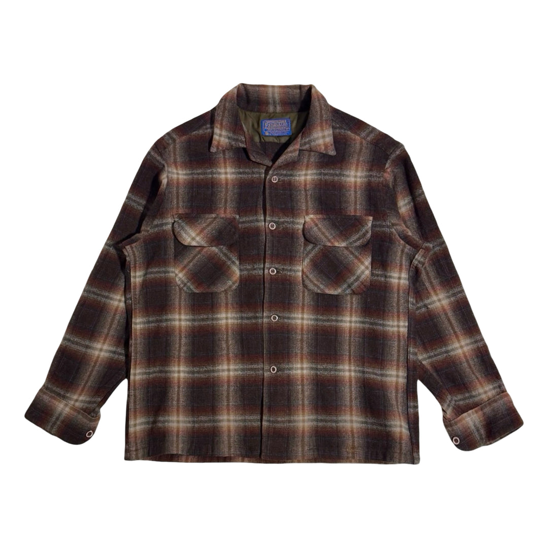 1970’S PENDLETON MADE IN USA THRASHED & REPAIRED CROPPED WOOL PLAID FLANNEL BOARD L/S B.D. SHIRT LARGE