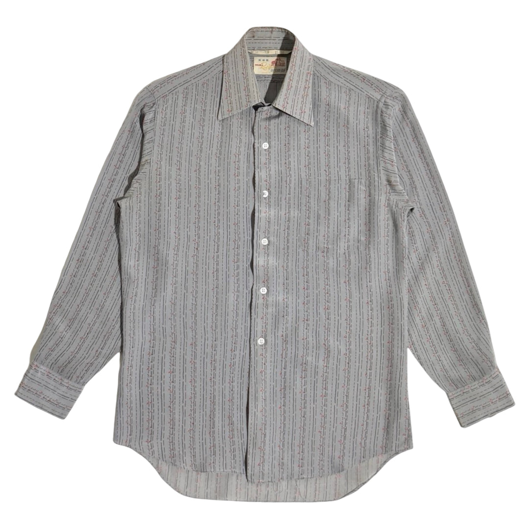 1960’S DOUBLE RED HORSE PRINTED GRAY STRIPE 100% SILK DRAPEY L/S B.D. SHIRT MEDIUM