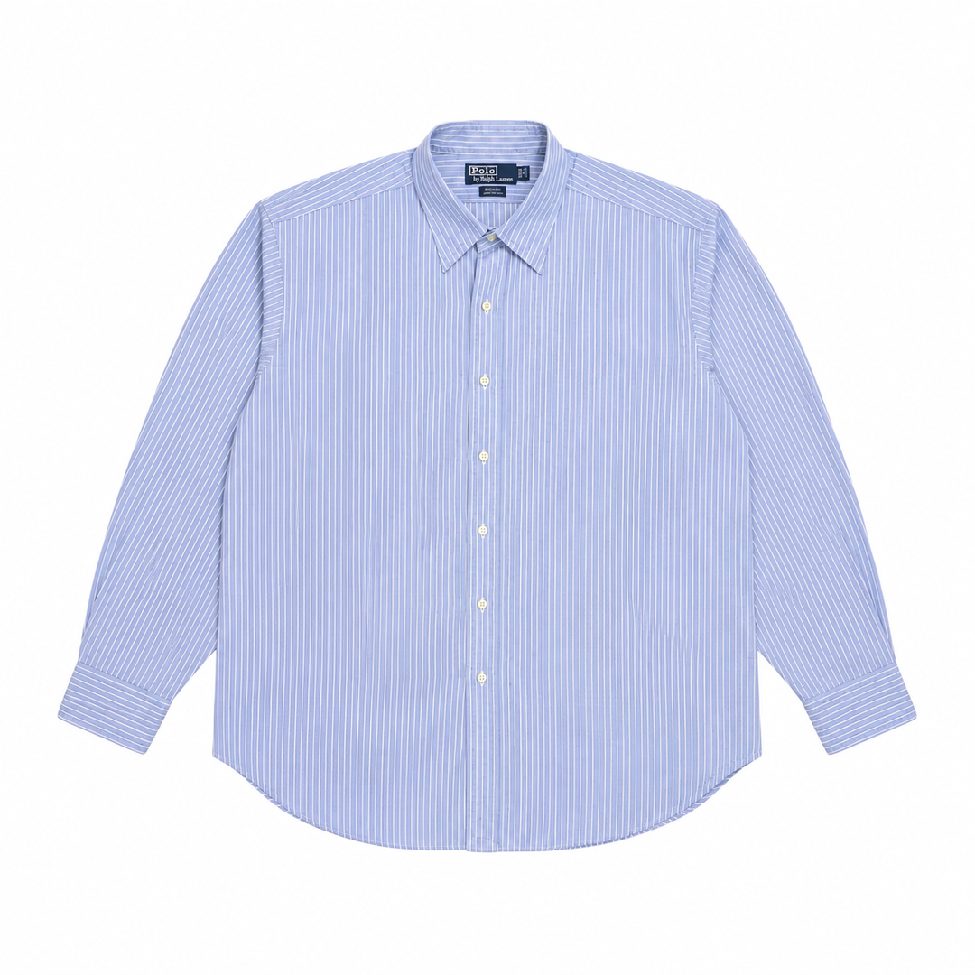 1990’S POLO RALPH LAUREN “ANDREW” THRASHED &amp; REPAIRED STRIPED COTTON L/S B.D. SHIRT XXL