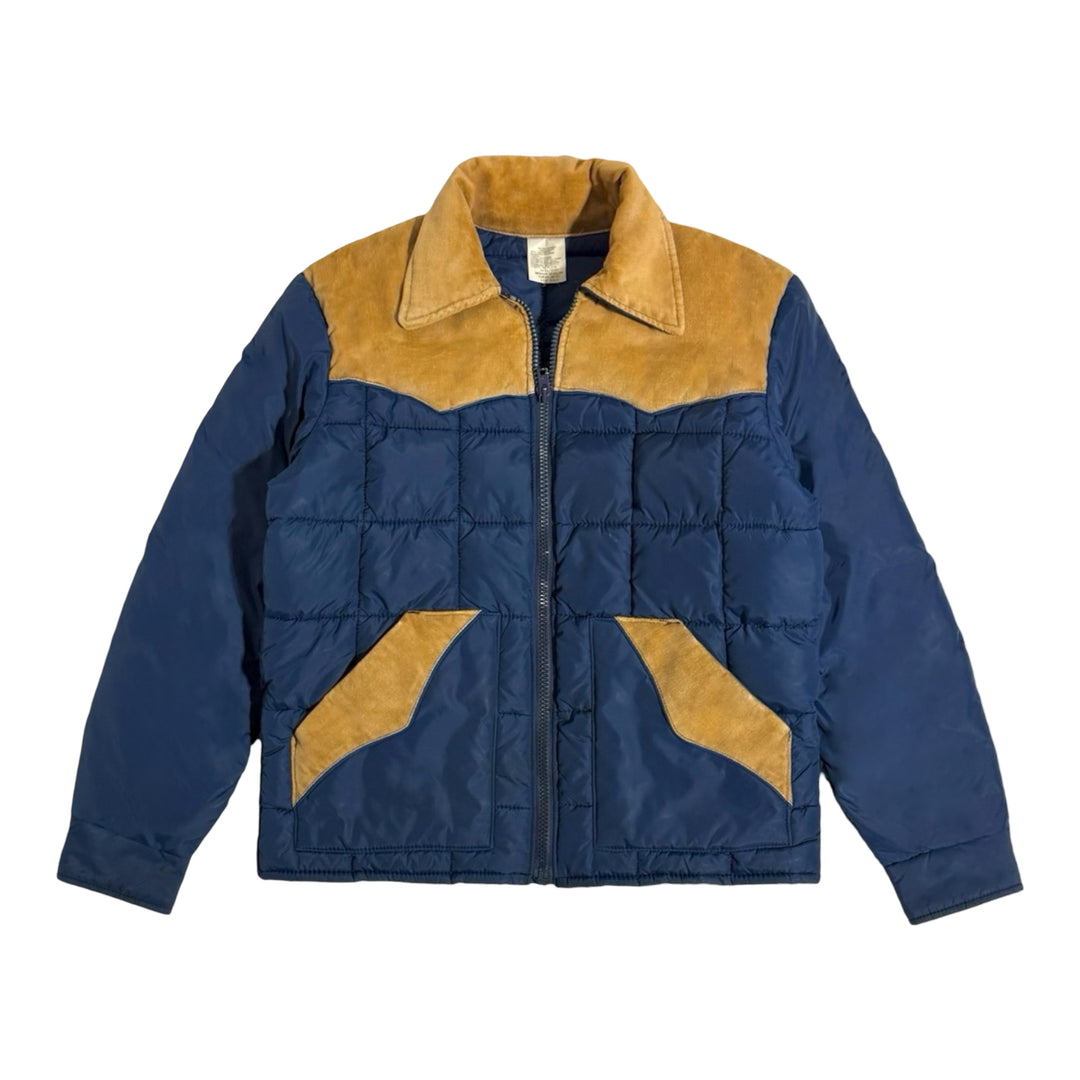 1970’S WALLS BLIZZARD PRUF®️ MADE IN USA CROPPED CORDUROY ACCENTED QUILTED WESTERN PUFFER JACKET LARGE