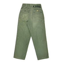 Load image into Gallery viewer, 1960’S ARMY ISSUE MADE IN USA THRASHED &amp; REPAIRED OLIVE TWILL HIGH WAISTED PANTS 26 X 26
