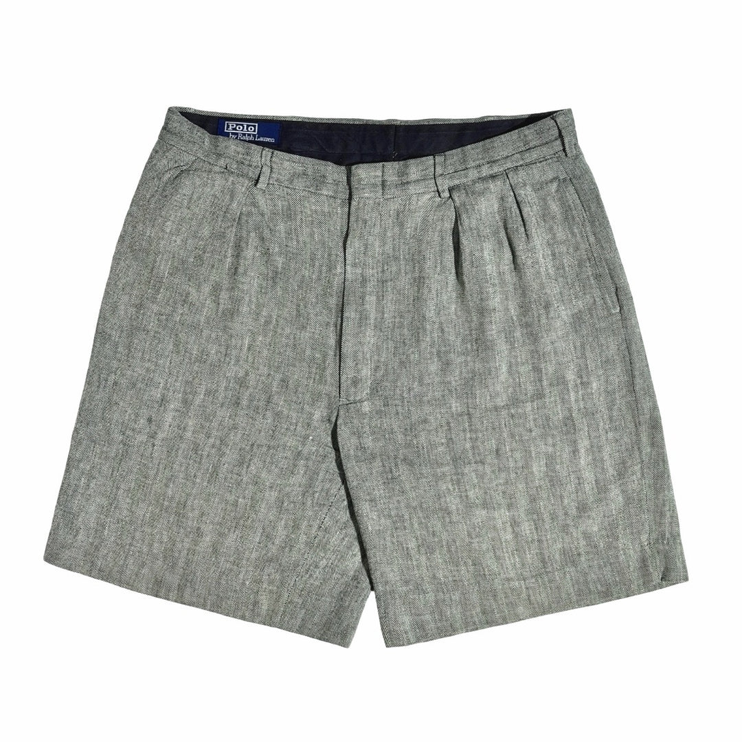 1990’S POLO RALPH LAUREN HERRINGBONE LINEN BLEND PLEATED 8” SHORTS 36