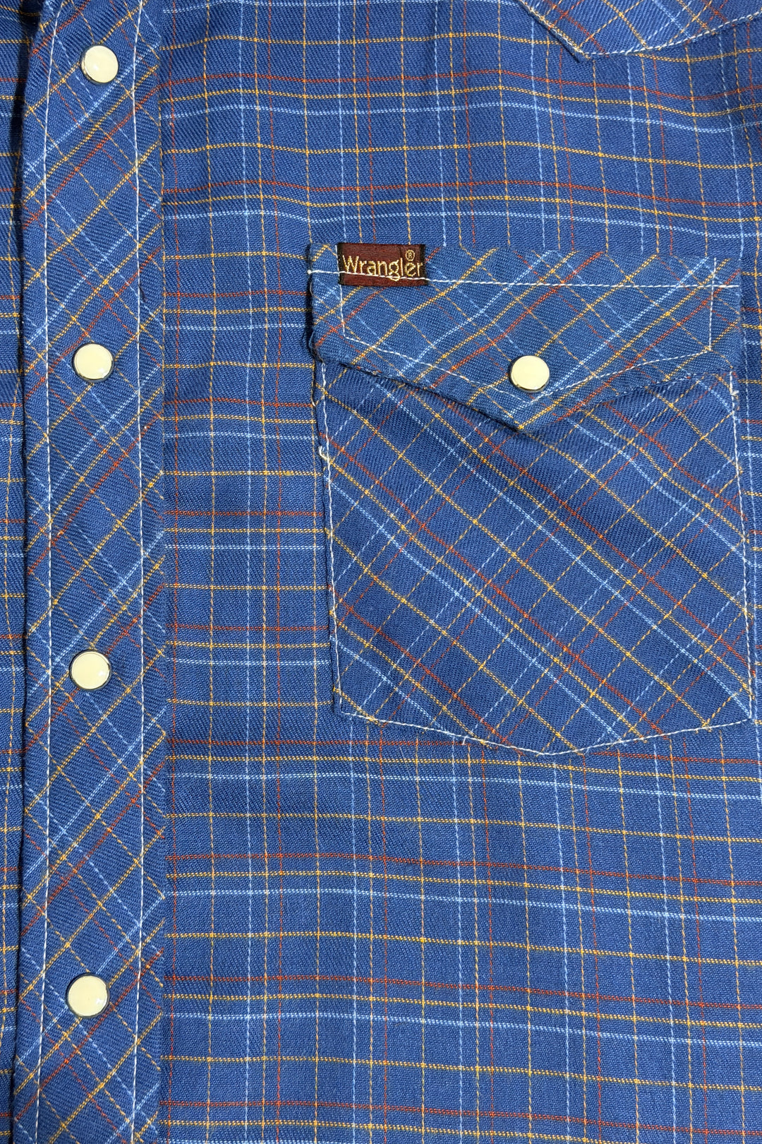 1980’S WRANGLER MADE IN USA BLUE PLAID WESTERN PEARL SNAP S/S B.D. SHIRT X-LARGE