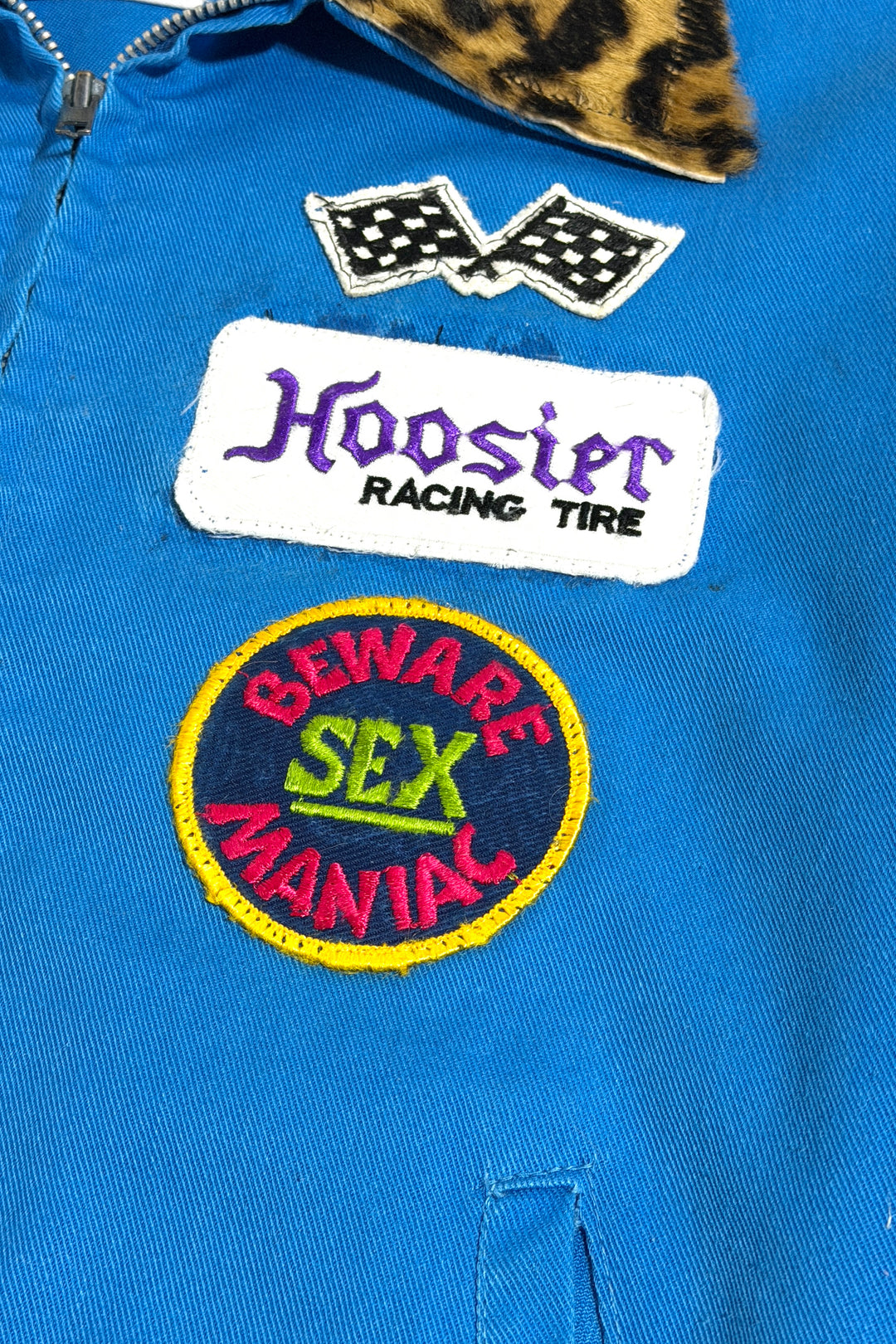 1970’S MASK “SEX MANIAC” MADE IN USA CROPPED ITALIAN LEOPARD PRINT PONY HAIR COLLAR K BRAND PATCHED RACING JACKET LARGE