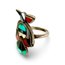 Load image into Gallery viewer, 1960’S ZUNI PEYOTE BIRD .925 STERLING SILVER ONYX MOP CORAL TURQUOISE RING SIZE 6
