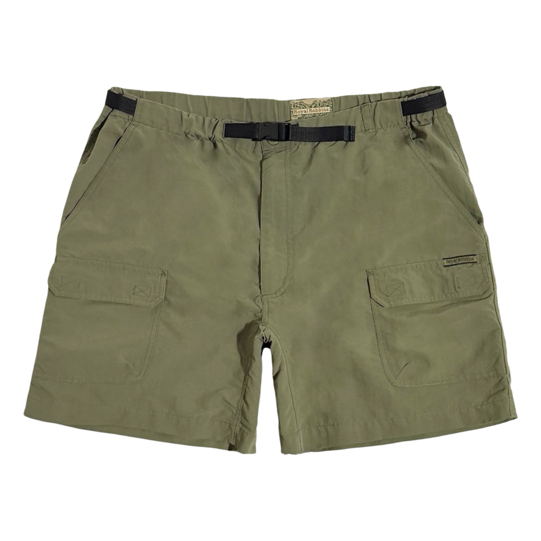 1990’S ROYAL ROBBINS BELTED OLIVE GREEN CARGO 7” HIKING SHORTS LARGE