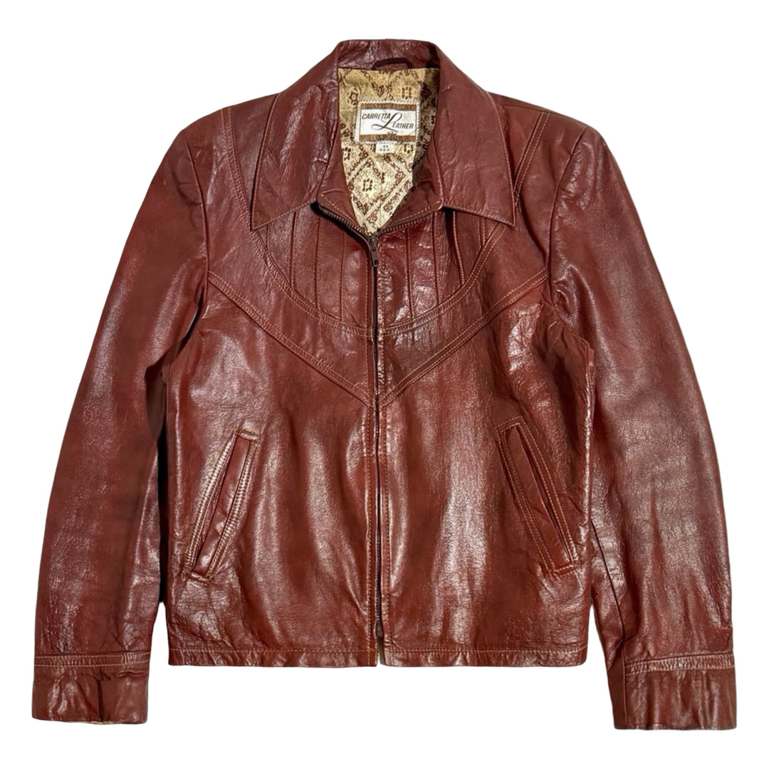 1970’S GRAIS MADE IN USA CROPPED CABRETTA ITALIAN HONEY LEATHER PATTERNED SATIN LINED WESTERN JACKET LARGE