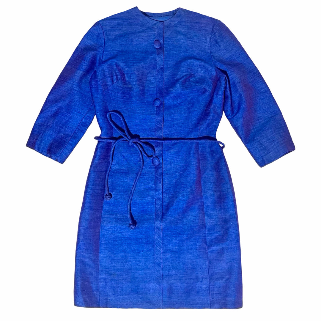 1960’S MOD ROYAL BLUE RAW SILK 3/4 SLEEVE BELTED TUNIC DRESS MEDIUM