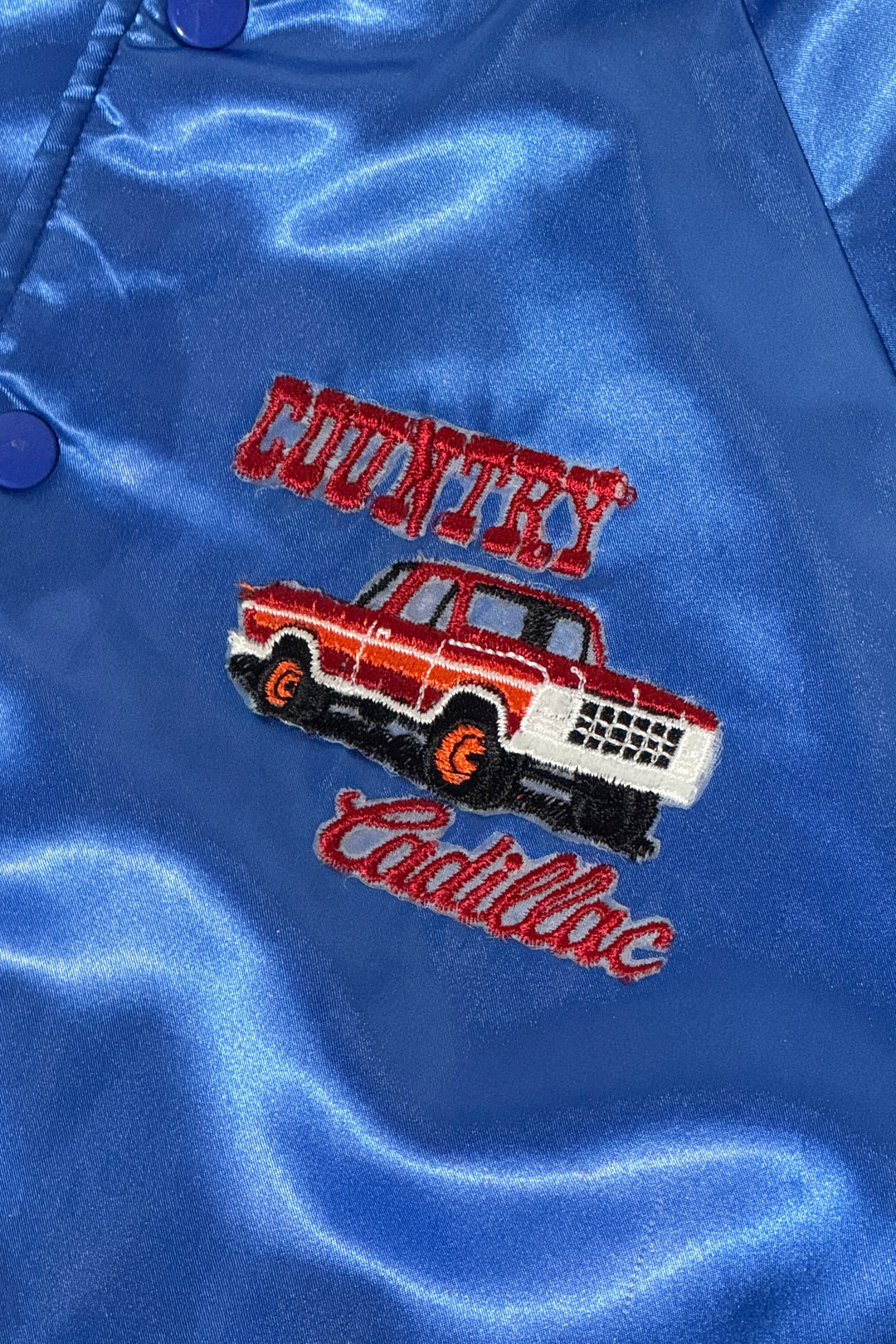 1980’S COUNTRY CADILLAC MADE IN USA CROPPED SATIN RAGLAN SLEEVE BASEBALL JACKET LARGE