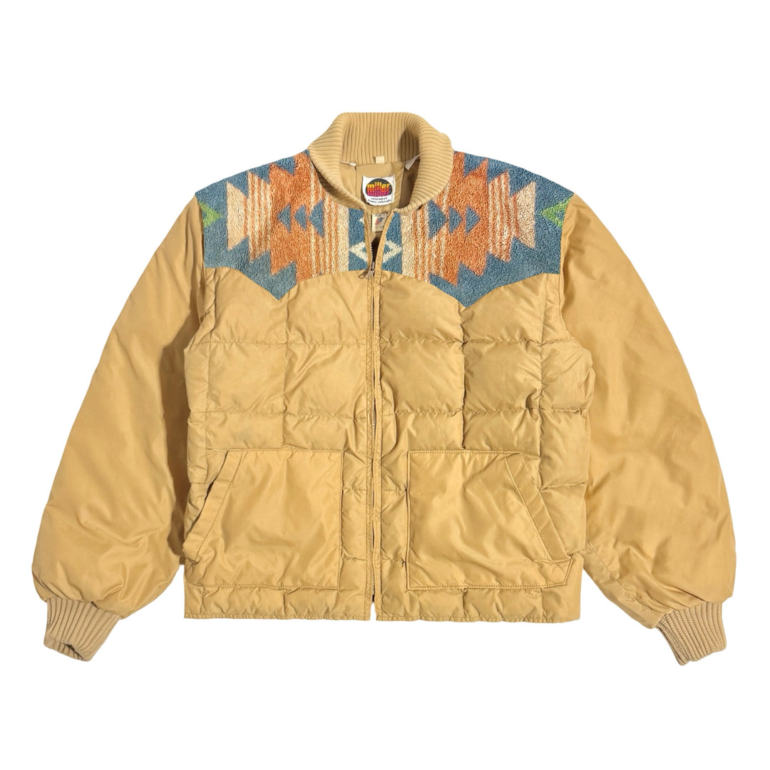 1970’S MASK X MILLER WESTERNWEAR MADE IN USA CROPPED RALPH LAUREN SOUTHWESTERN TERRY PANEL YOKE GOOSE DOWN QUILTED PUFFER JACKET X-LARGE