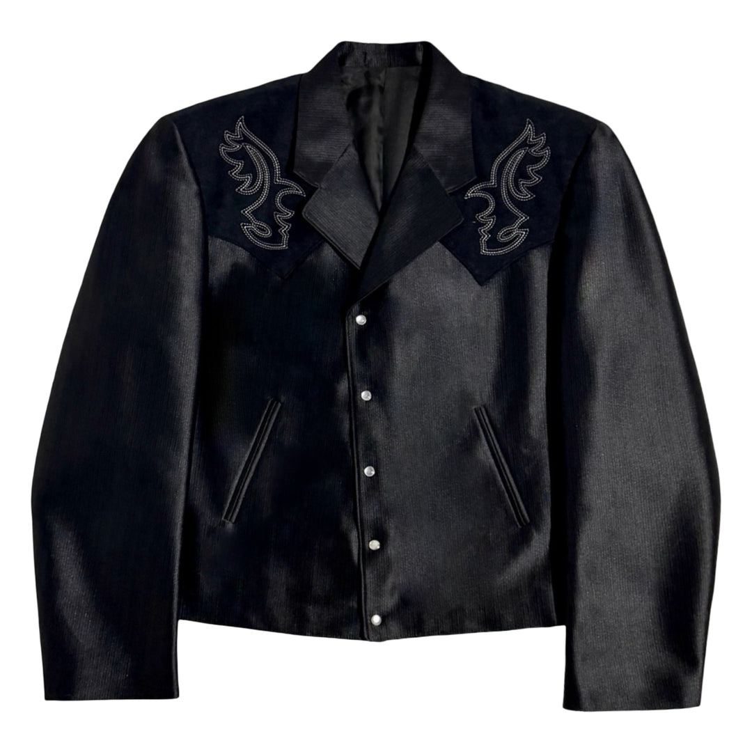 1990’S CIRCLE WESTERNWEAR MADE IN USA CROPPED PEARL SNAP BLACK SATIN WESTERN SUIT 44R