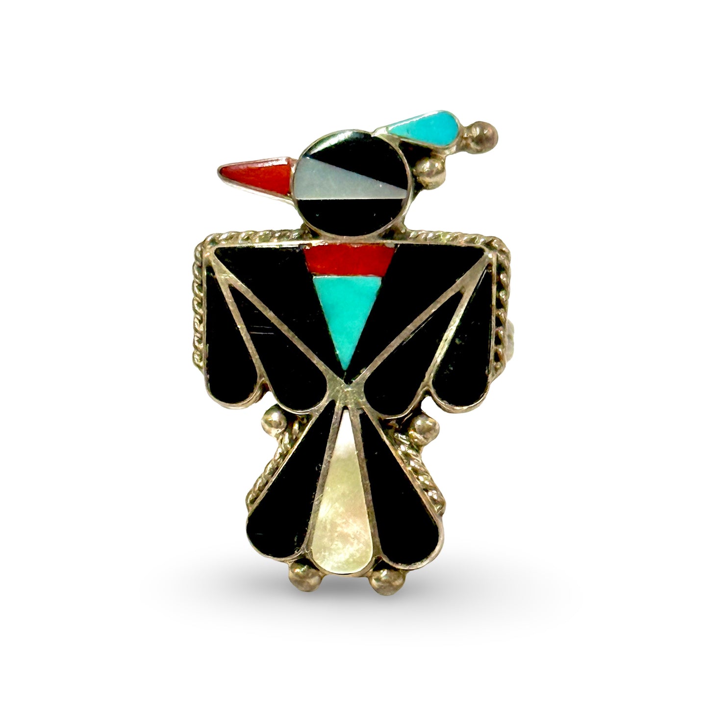 1950’S ZUNI PEYOTE BIRD .925 STERLING SILVER ONYX MOP CORAL TURQUOISE RING SIZE 6