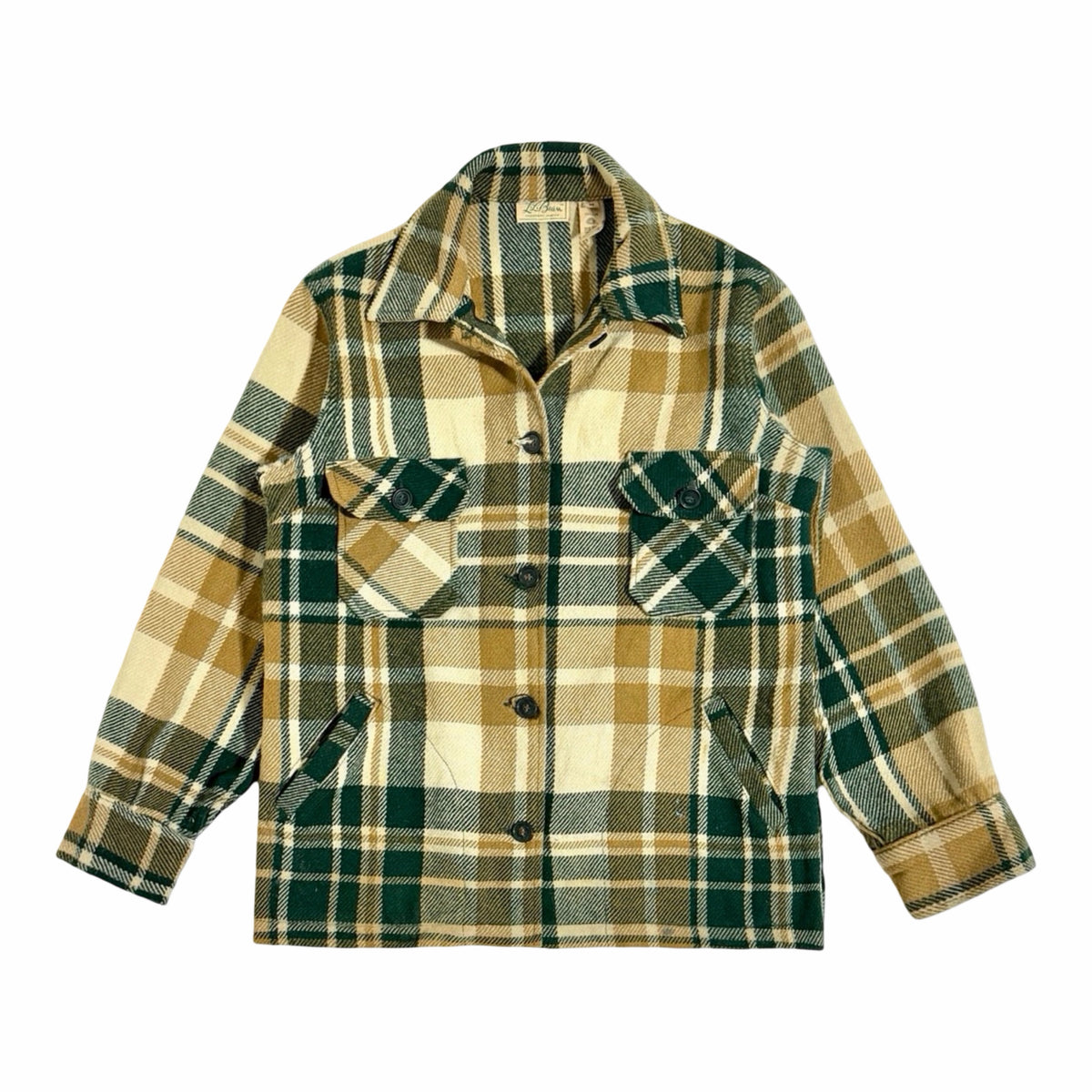 LL Bean tan and green plaid wool shirt jacket front, women's medium