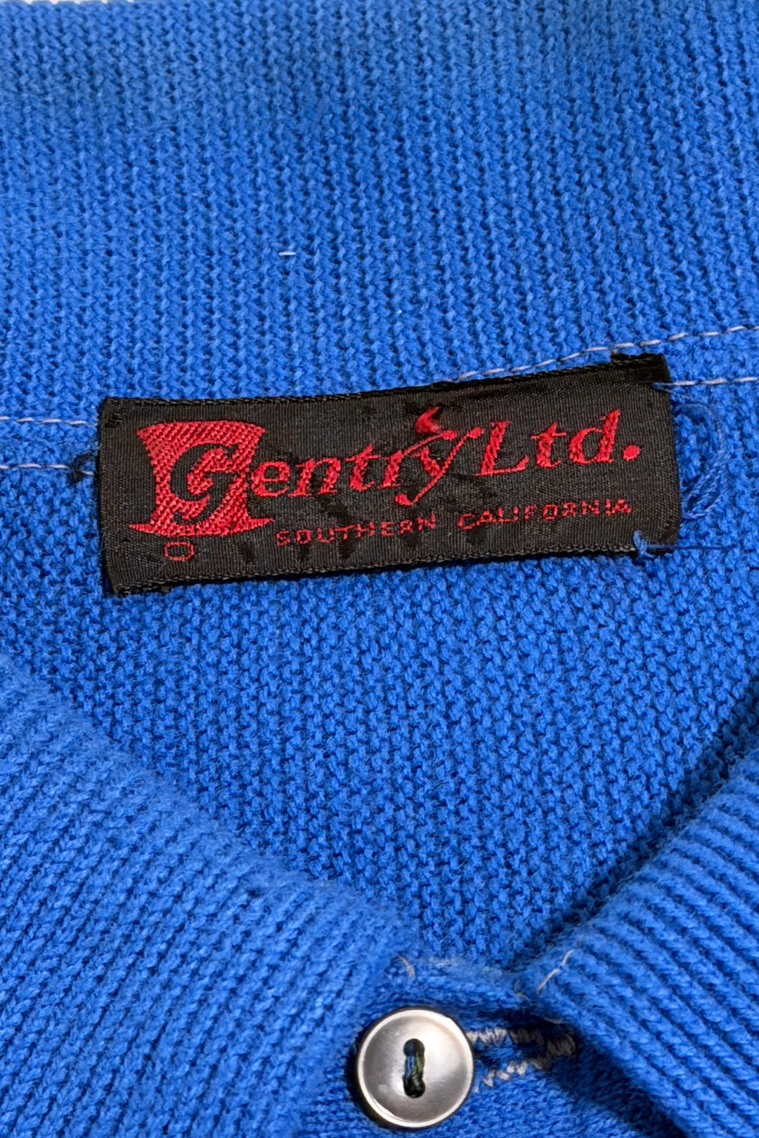 1950’S GENTRY LTD MADE IN USA CROPPED STRIPED OCEAN BLUE KNIT S/S B.D. POLO SHIRT X-LARGE