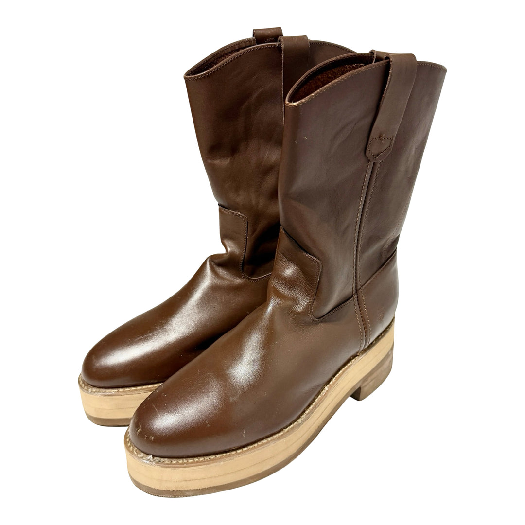 2000’S CUSTOM MADE PLATFORM HEEL BROWN LEATHER ROPER COWBOY BOOTS 10
