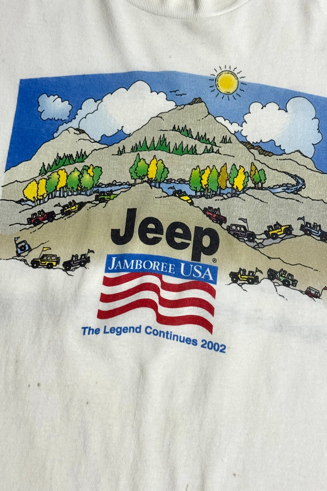 2000’S JEEP JAMBOREE USA OFF ROADING WHITE THRASHED S/S T-SHIRT X-LARGE
