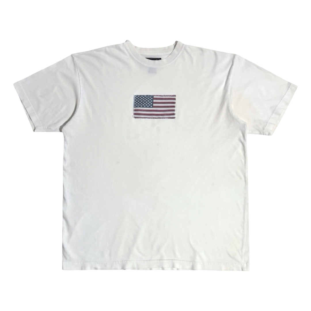 1990’S ABERCROMBIE &amp; FITCH MADE IN USA THRASHED &amp; FADED AMERICAN FLAG PATCHED S/S T-SHIRT X-LARGE