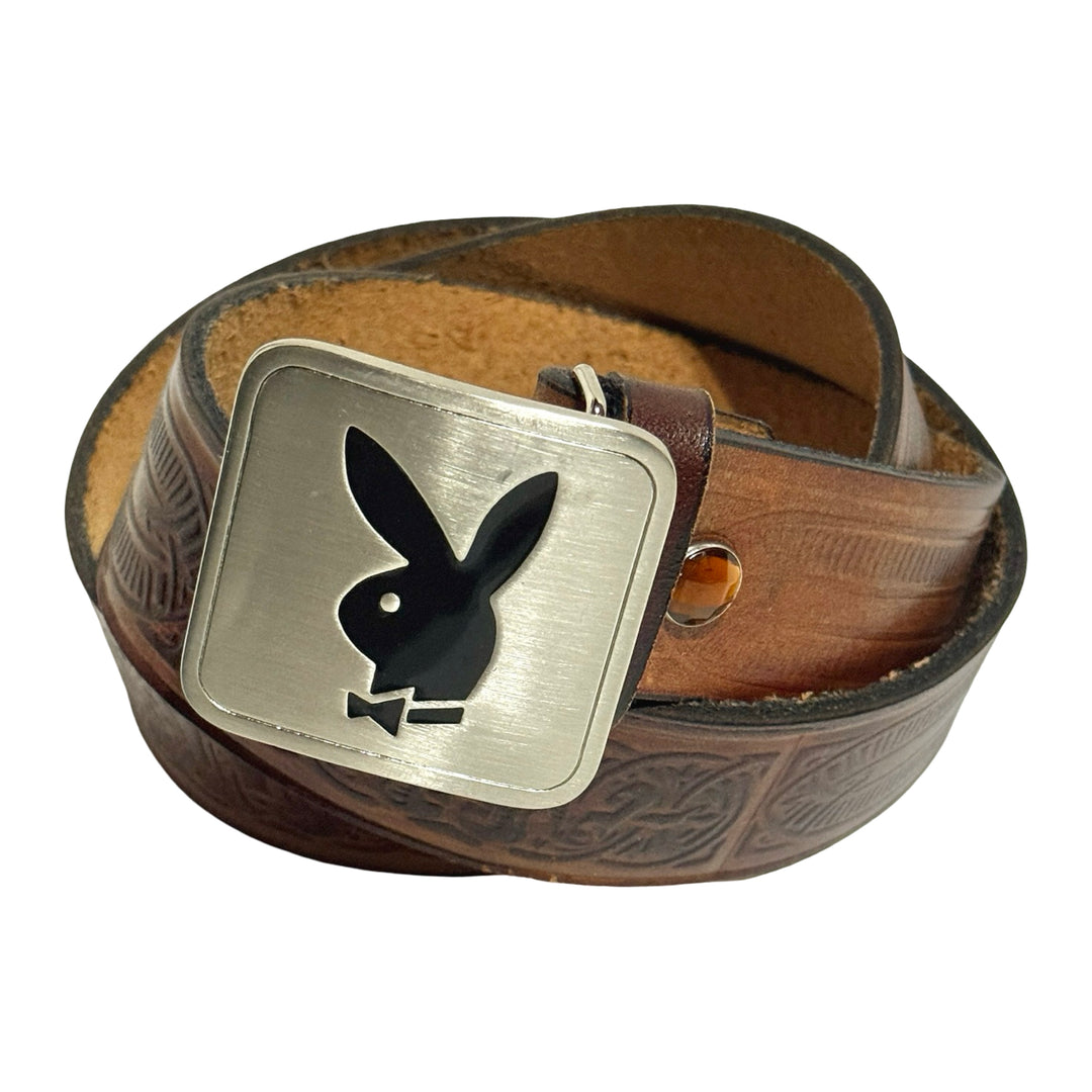 1970’S PLAYBOY MADE IN USA SILVERTONE ENAMEL INLAY BUCKLE ON HAND STAMPED LEATHER BELT 34