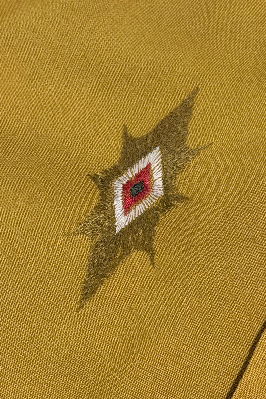 1950’S PENNEY’S TOWNCRAFT MADE IN USA THRASHED &amp; FADED CROPPED SELVEDGE MUSTARD EMBROIDERED CREST LOOP COLLAR S/S B.D. SHIRT LARGE