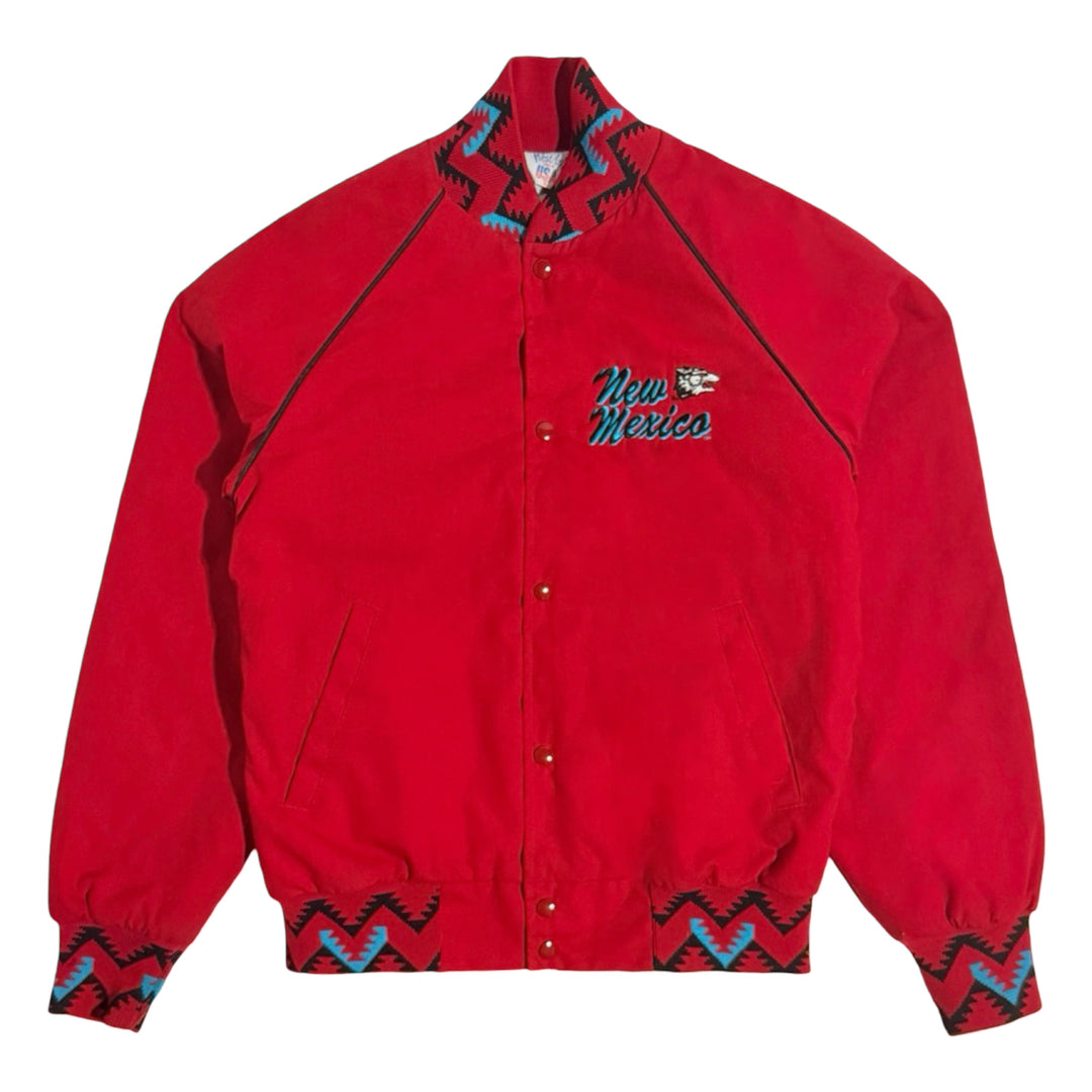 1980’S NEW MEXICO LOBOS MADE IN USA CROPPED RED SOUTHWESTERN KNIT PATTERNED BASEBALL JACKET LARGE