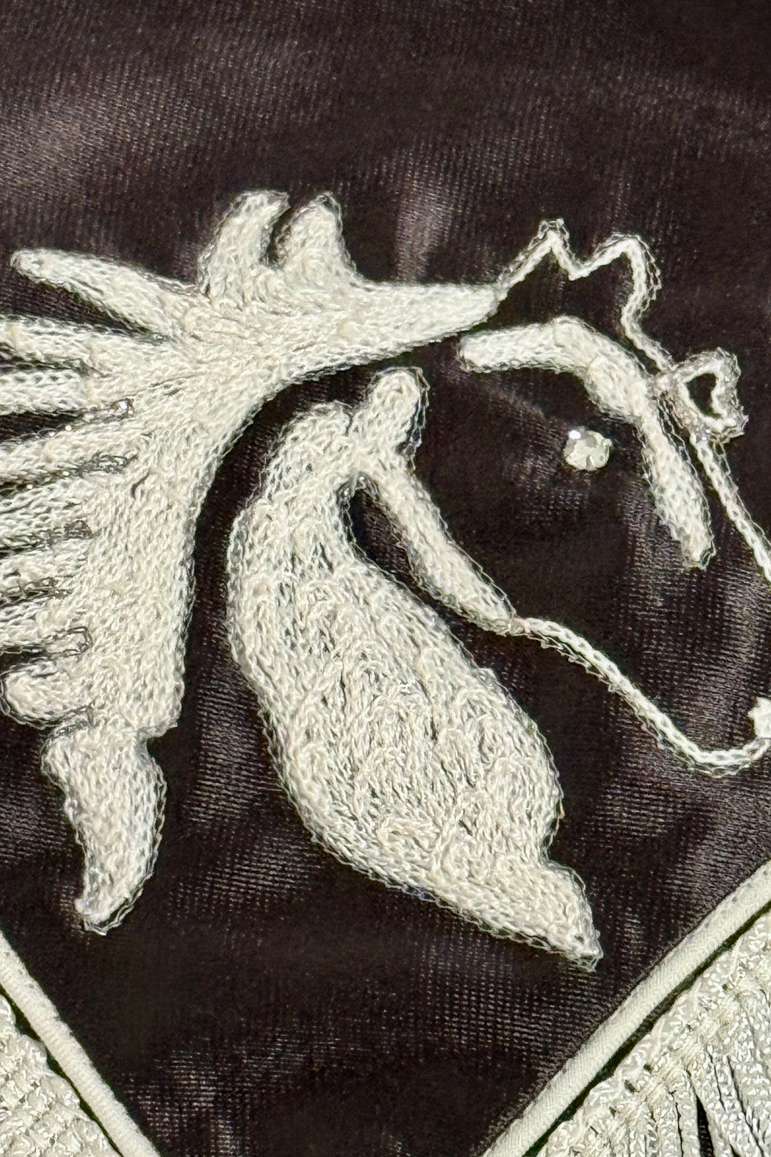 1970’S H BAR C MADE IN USA “OAKLAND CALIFORNIA SHRINER MOUNTED PATROL 🐴” SATIN CHAINSTITCHED RHINESTONE FRINGED WESTERN PEARL SNAP L/S B.D SHIRT LARGE