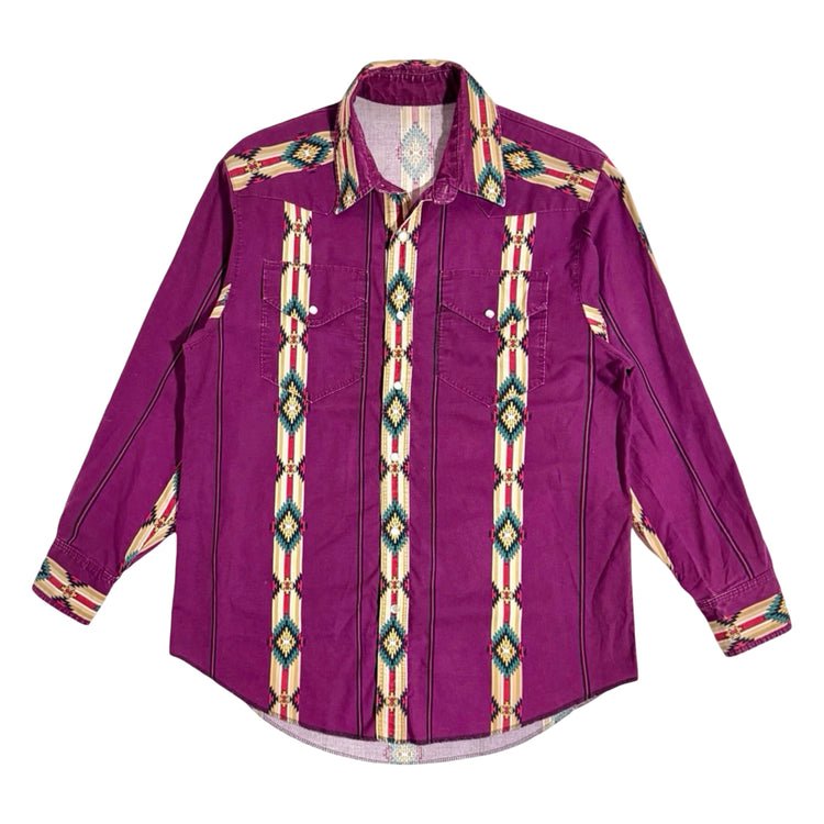 1990's maroon purple southwestern stripe western snap shirt front