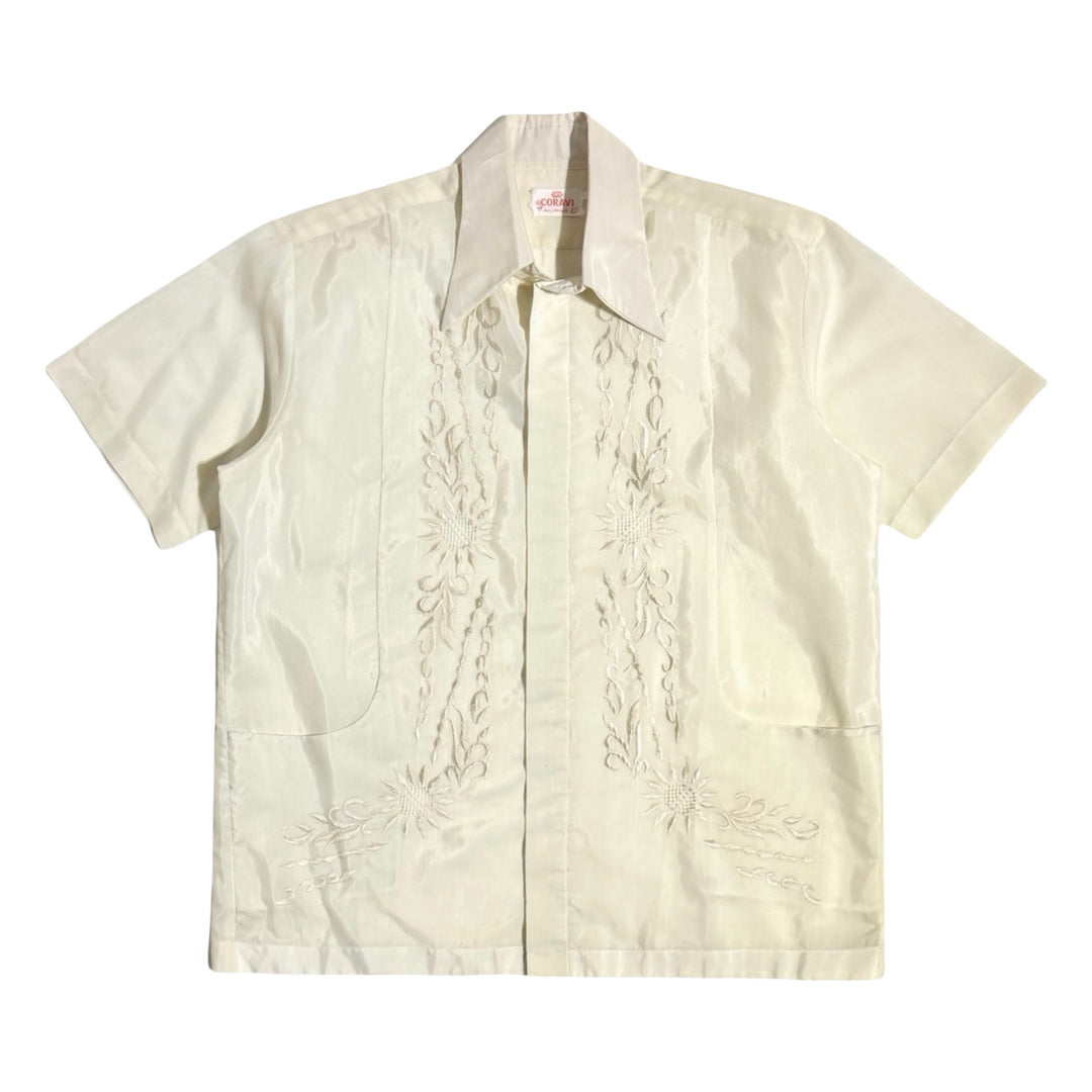 1960’S CORAVI MADE IN PHILLIPINES EMBROIDERED FILIPINO SELVEDGE SATIN BARONG S/S B.D. SHIRT LARGE