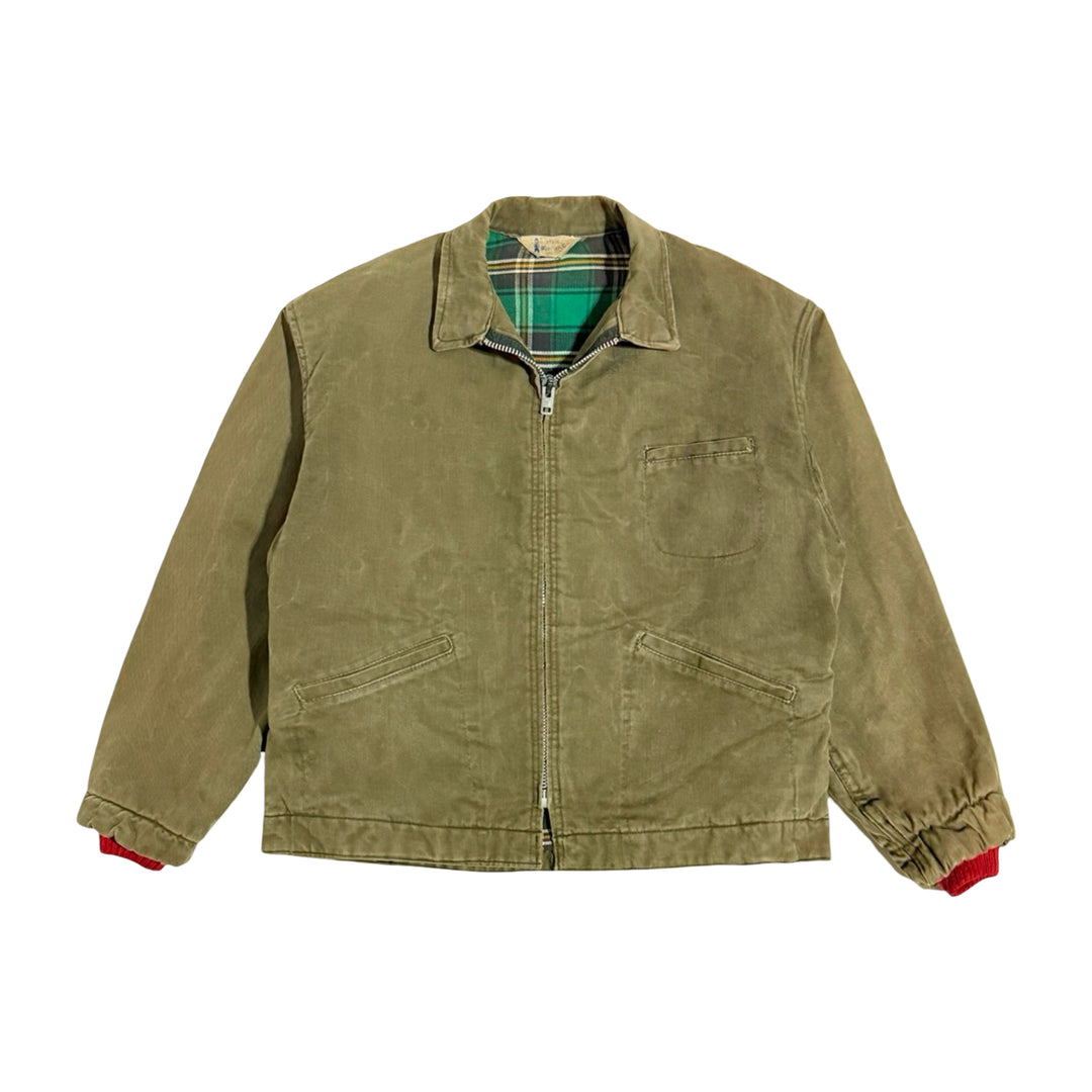 1940’S WEATHER FO MADE IN USA CROPPED FLANNEL LINED FADED & THRASHED GREEN TWILL WORKWEAR JACKET X-LARGE