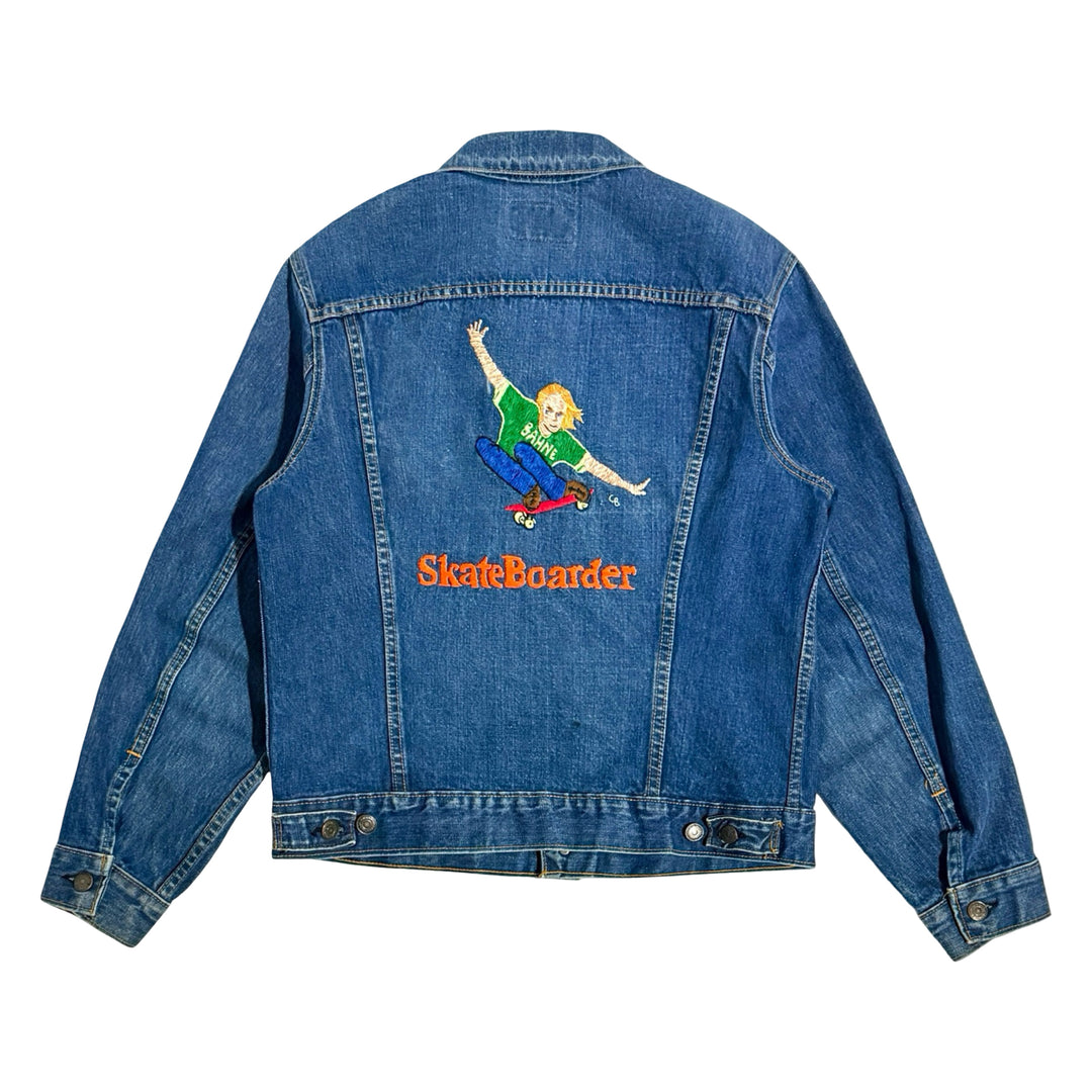 1970’S LEVI’S X SKATEBOARDER MAGAZINE TYPE III HAND EMBROIDERED FOR WARREN BOLSTER DENIM TRUCKER JACKET 42 LARGE