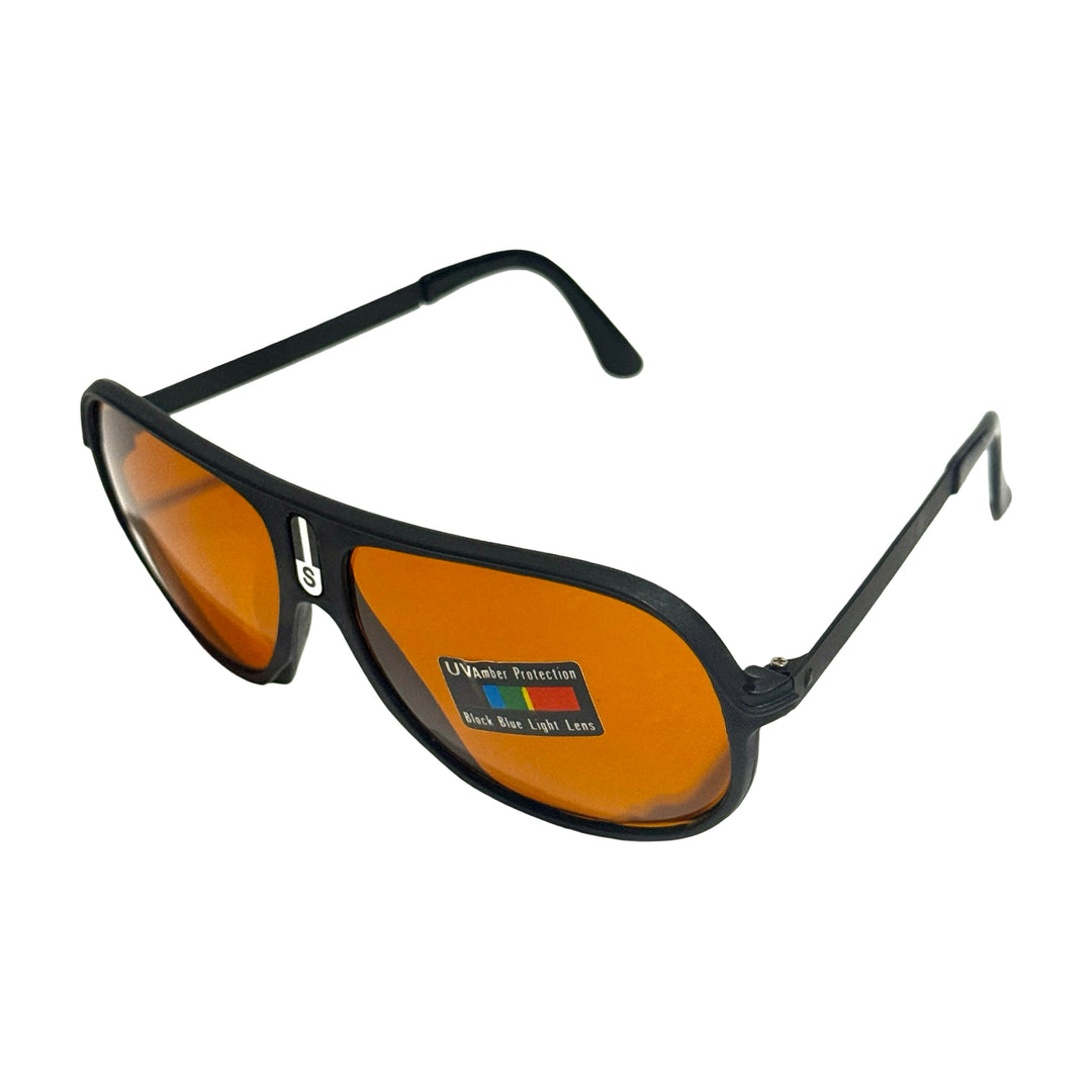 1970’S DEADSTOCK BLACK FRAME BLU BLOCKER LENSE AVIATOR SUNGLASSES