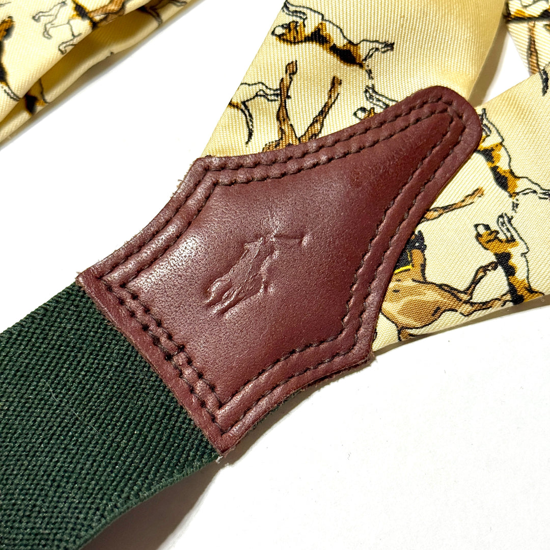 1970’S POLO RALPH LAUREN MADE IN ENGLAND FOX HUNT PRINTED SILK AND LEATHER BRACES