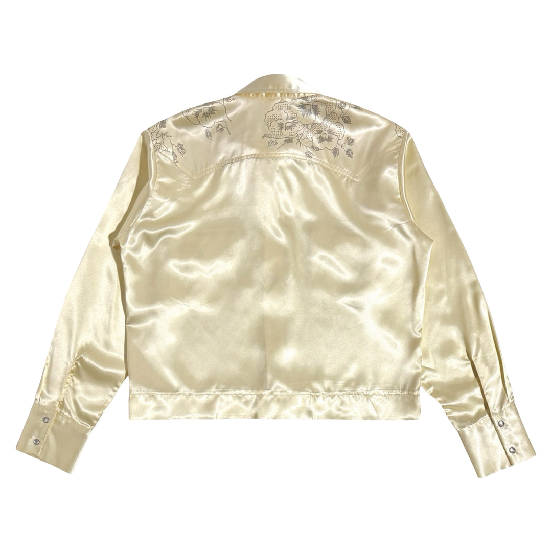 1970’S FLAMINGO MADE IN USA CROPPED SATIN FLORAL PRINT WESTERN PEARL SNAP JACKET LARGE