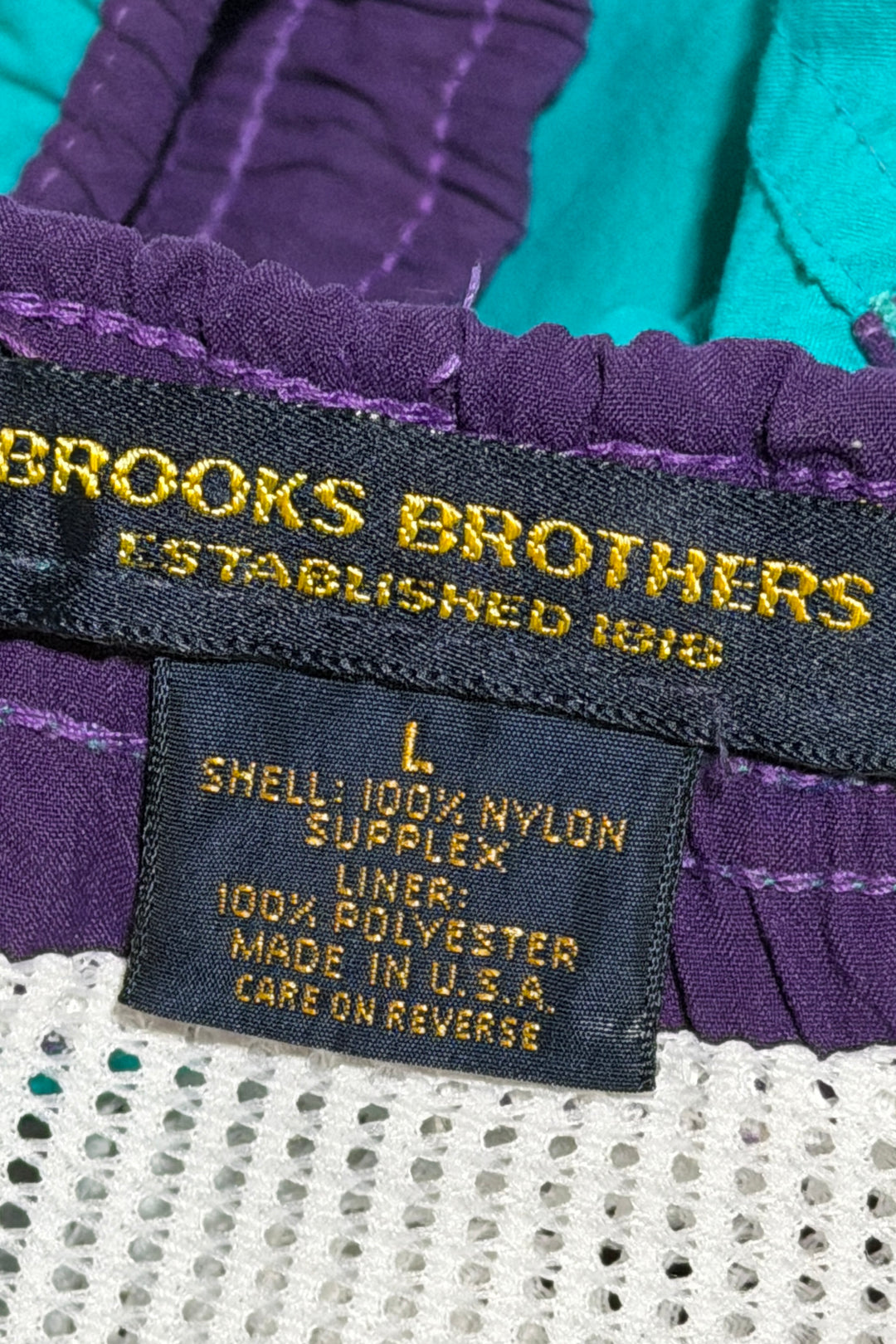 1990’S BROOKS BROTHERS MADE IN USA EMBROIDERED FLEECE LOGO CONTRAST 6” SWIM TRUNKS SHORTS LARGE
