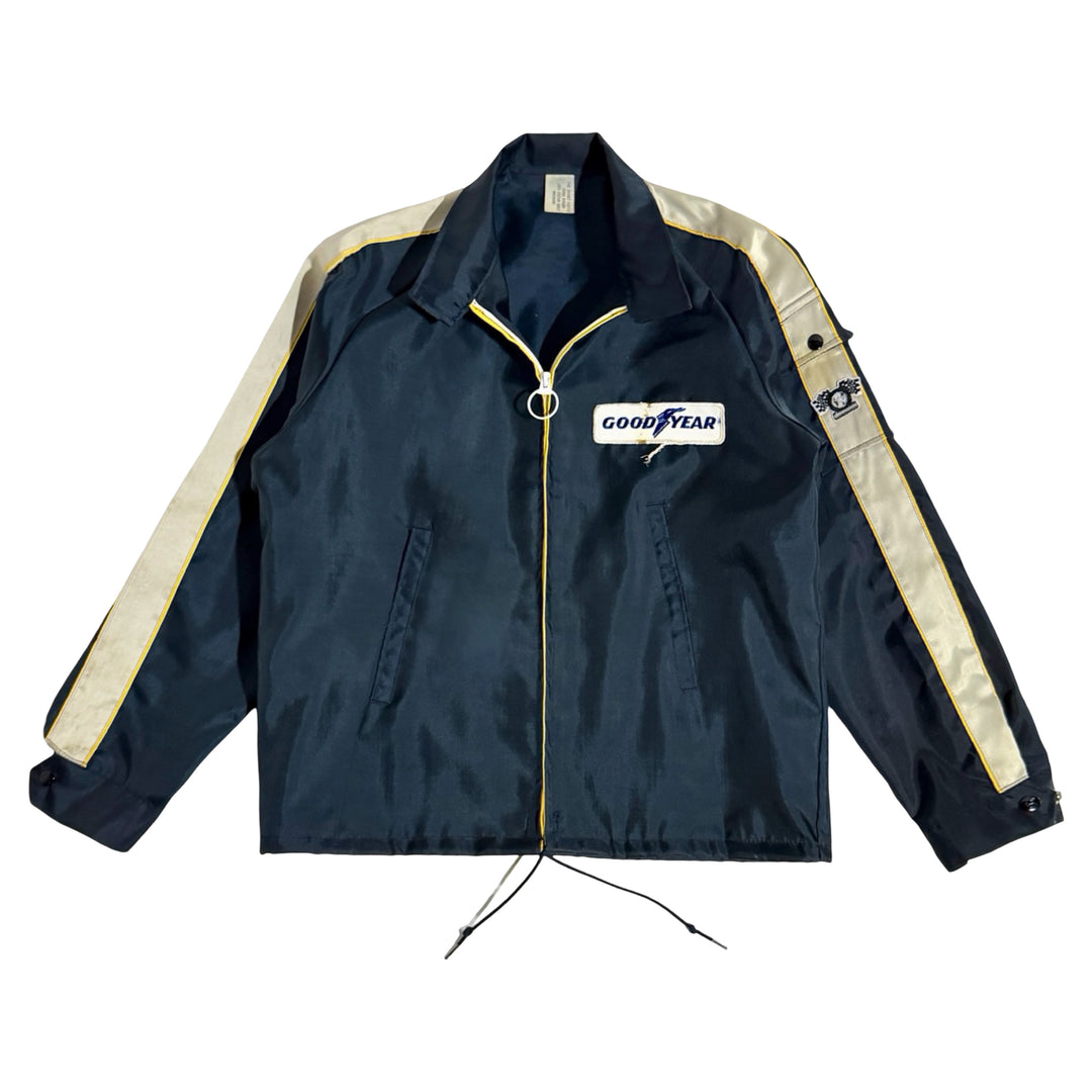 1970’S THE JACKET FACTORY MADE IN USA CROPPED CONTRAST STRIPED SATIN NAVY “GOODYEAR TIRES” RACING JACKET LARGE